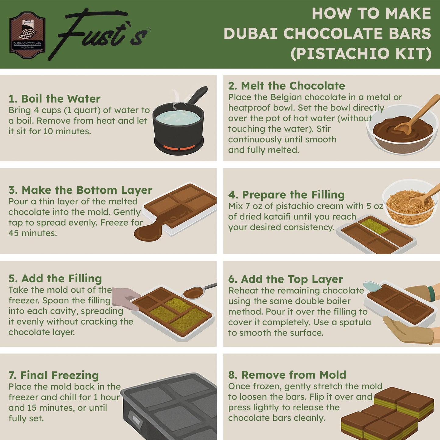Dubai Chocolate Bar Kit  DIY Make Four Bars (16 Oz Belgian Choco  8.5 Oz Pistachio Cream  4-Piece Polycarbonate Mold  3.5 Oz Dried Kataifi)  DIY Dubai Pistachio Chocolate Kit  All-in-One Gift for Choco Lovers
