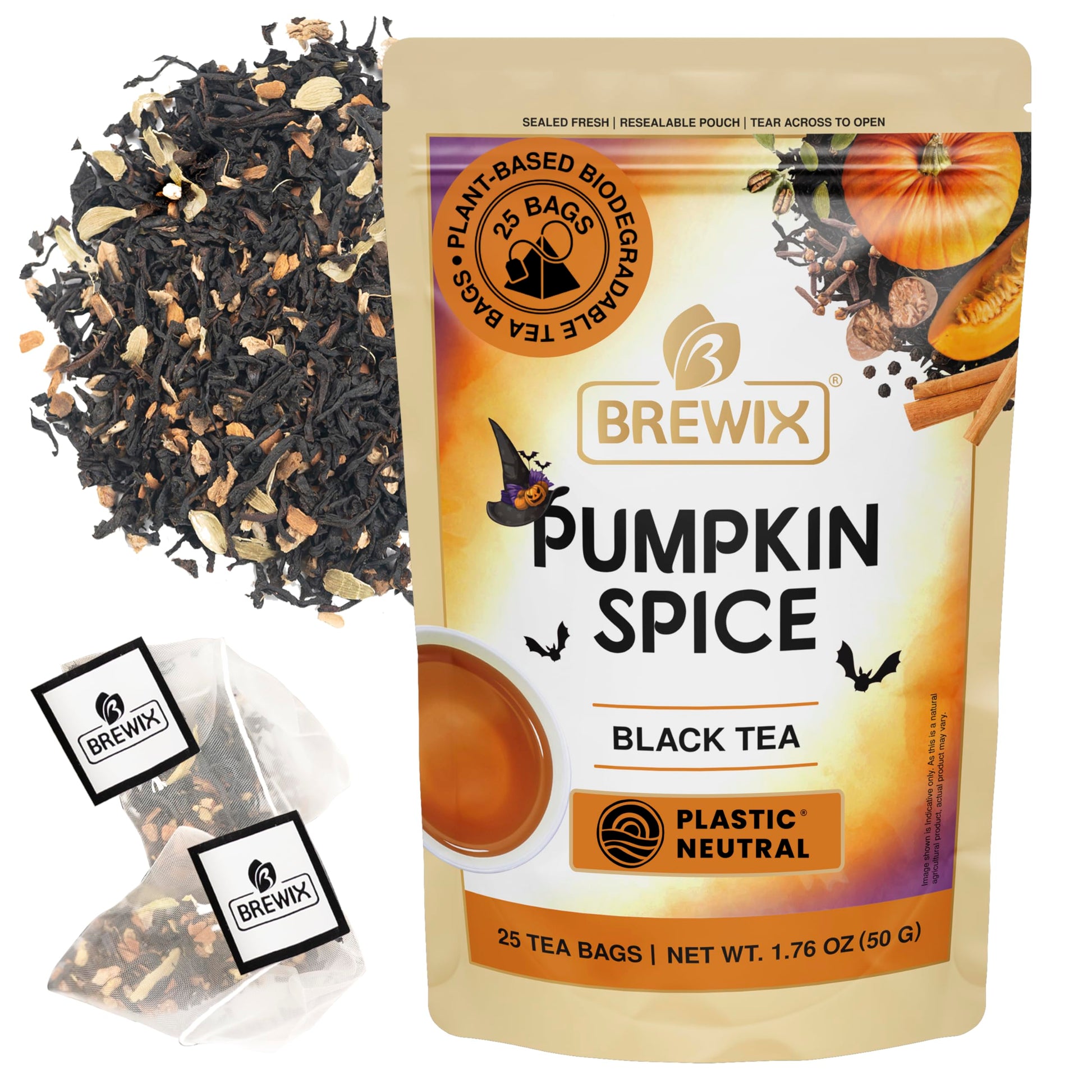 BREWIX, Pumpkin Spice Black Tea (25 Pyramid Tea Bags) | Fall Tea | Halloween Tea | Warm and Spicy Tea