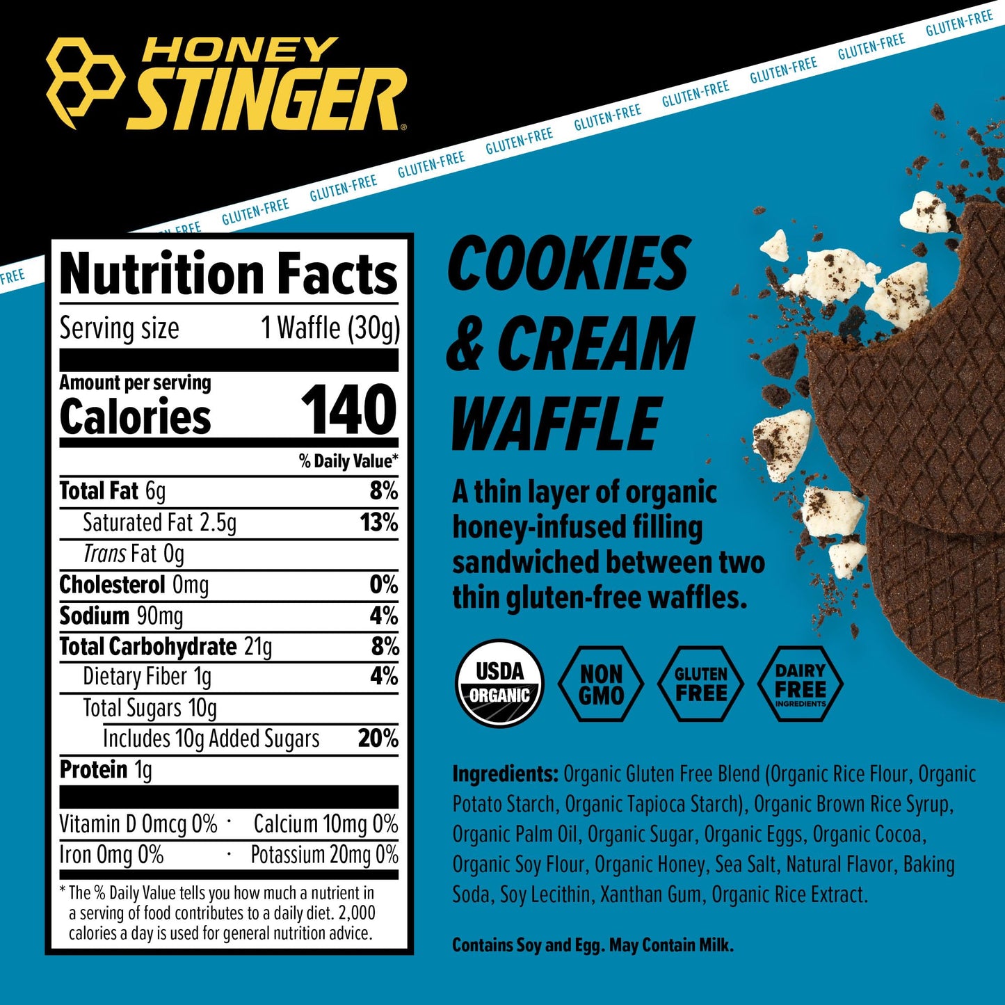 Honey Stinger Organic Cookies & Cream Waffle, 1.06 oz (Pack of 12), Model 76112, Gluten Free Energy Stroopwafel for Sports Nutrition