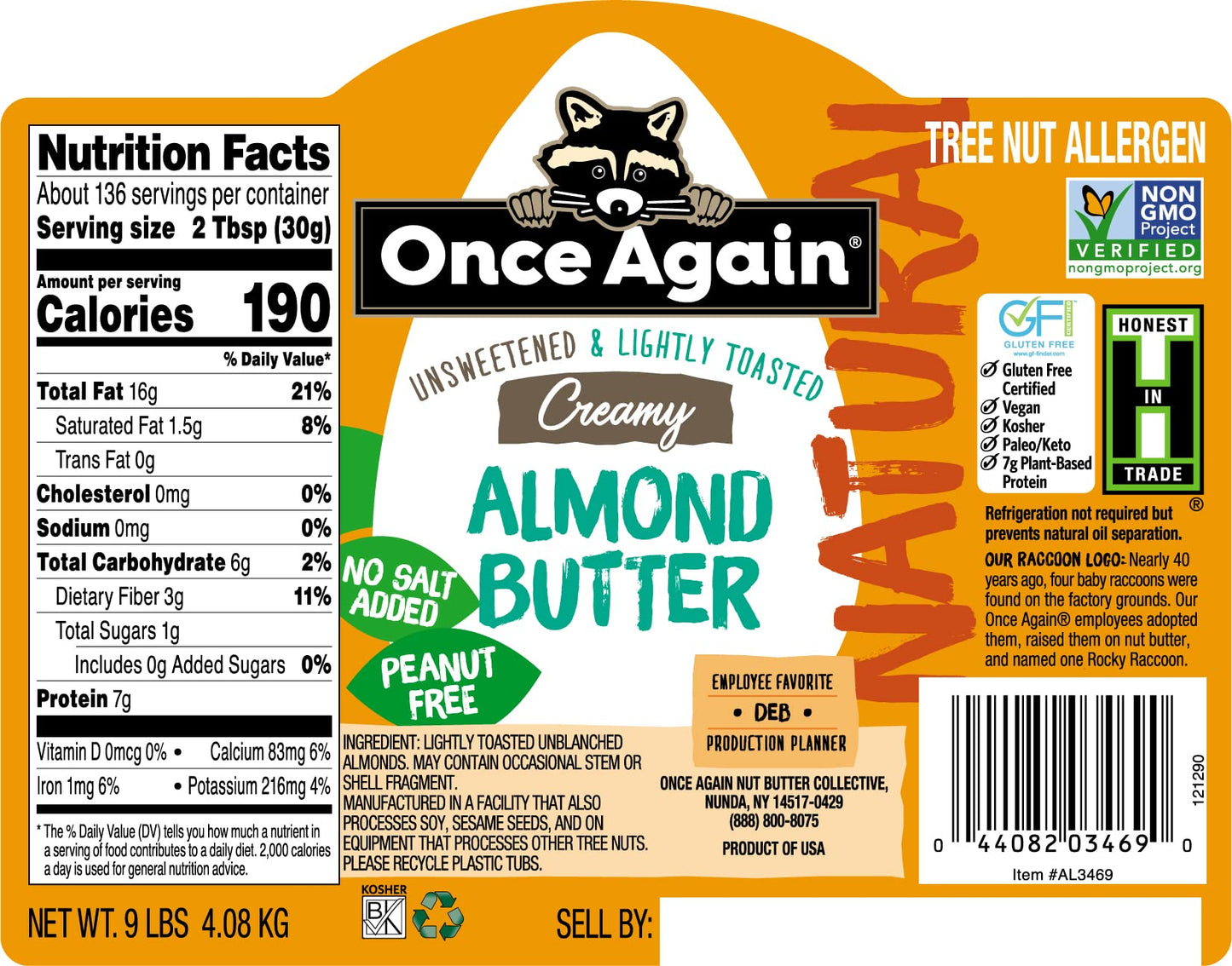 Once Again Natural Creamy Almond Butter, 9Lbs (Same As 9 Jars) - Lightly Toasted - Salt Free, Unsweetened - Gluten Free Certifie