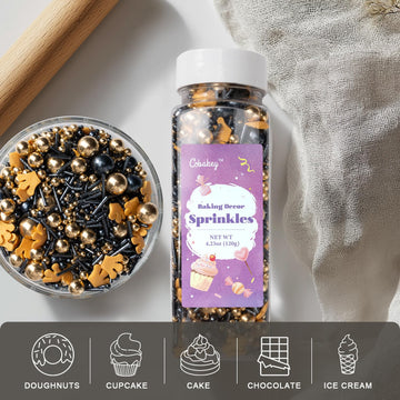 Royal Crown Black And Gold Sprinkles For Cake Decorating 4.23Ounce - Sugar Mix Contains Jimmies & Pearl Sprinkles For Cupcake To