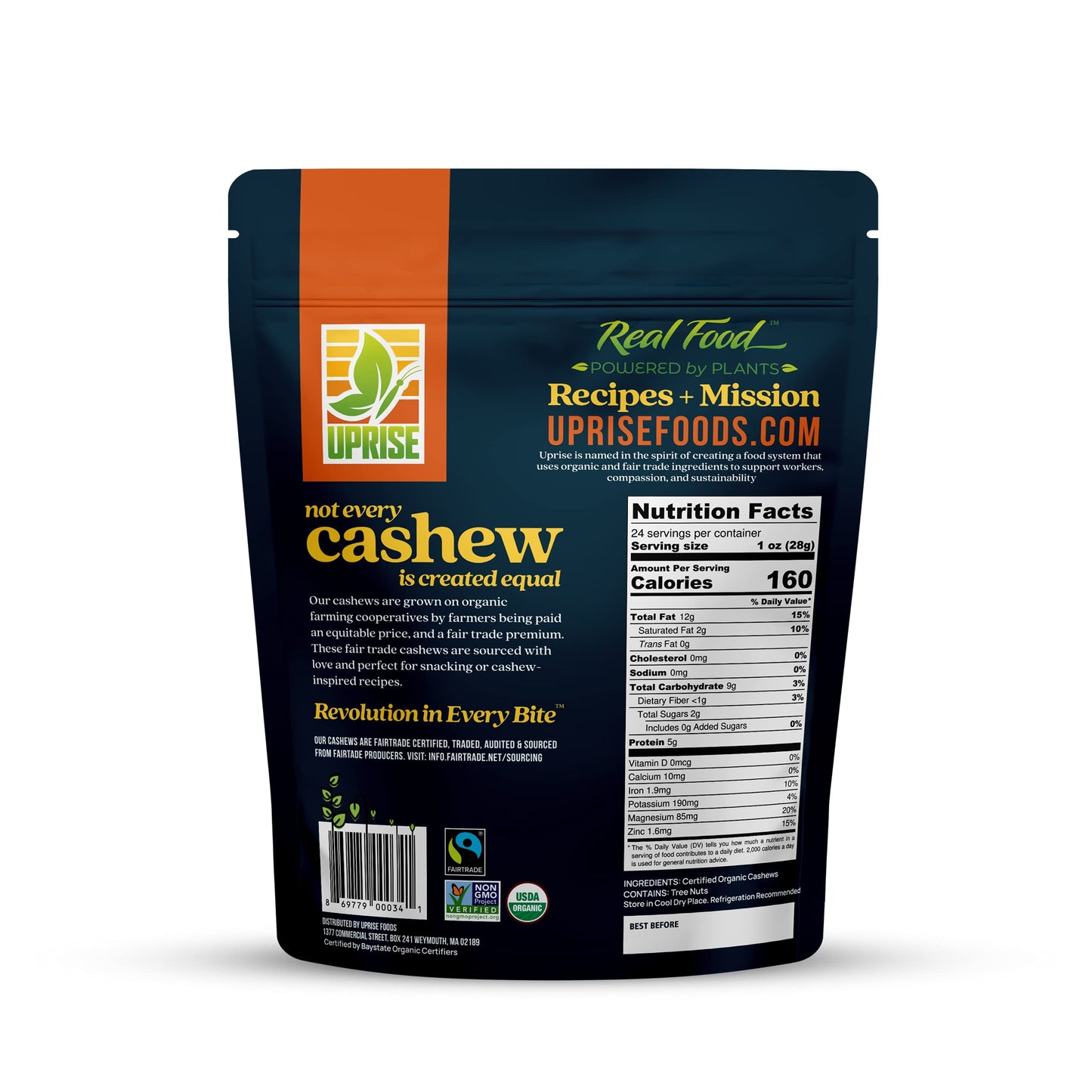 Fair Trade Organic Raw Cashews W320 (1.5 Lb) - Premium Whole Nuts For Snacking & Cooking, Ethically Sourced, Certified Sustainab