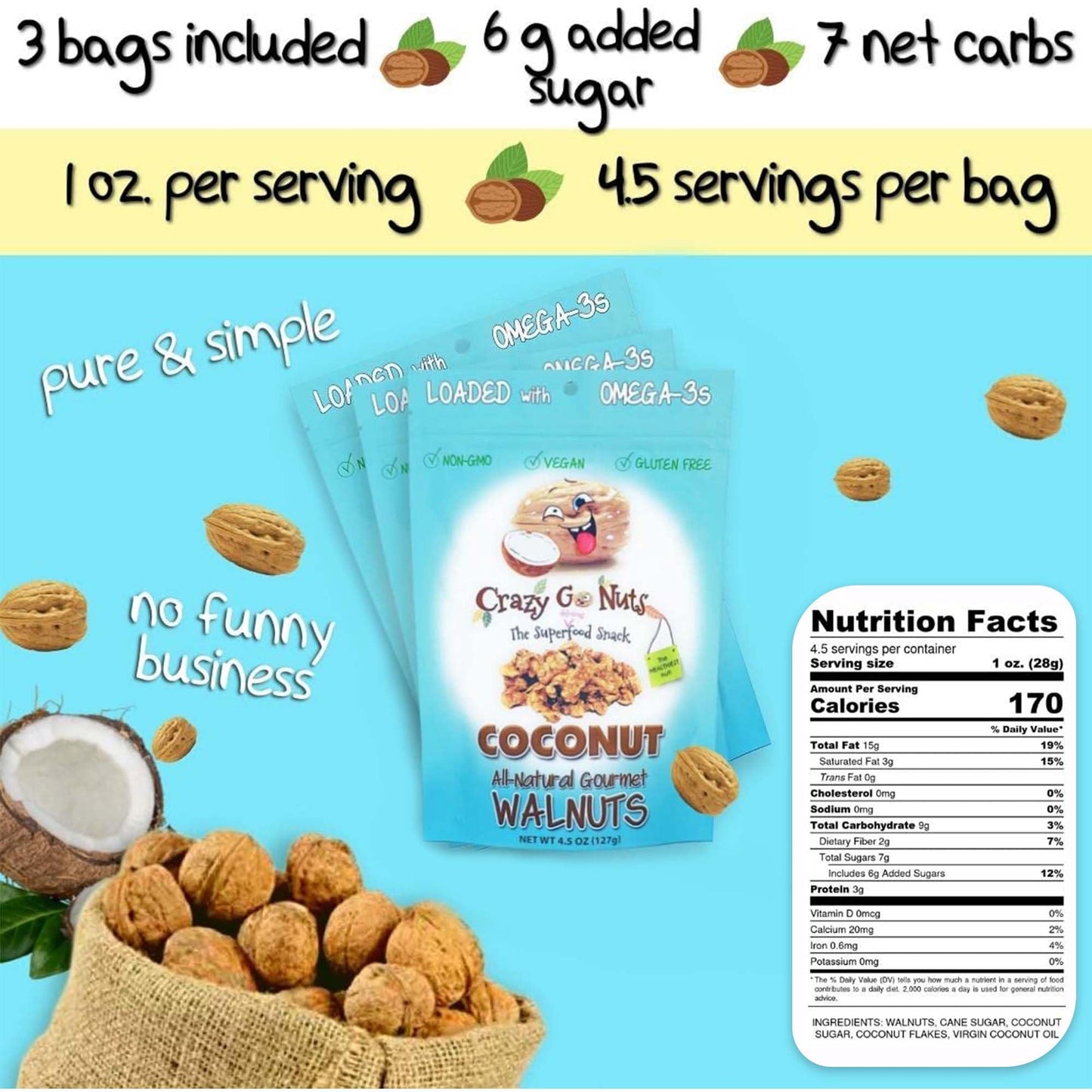 Crazy Go Nuts Sampler Pack - Candied & Salted Walnuts for Snacking, Flavored Snack Packs w/Omega 3 ALA & Vegan Protein - Maple,