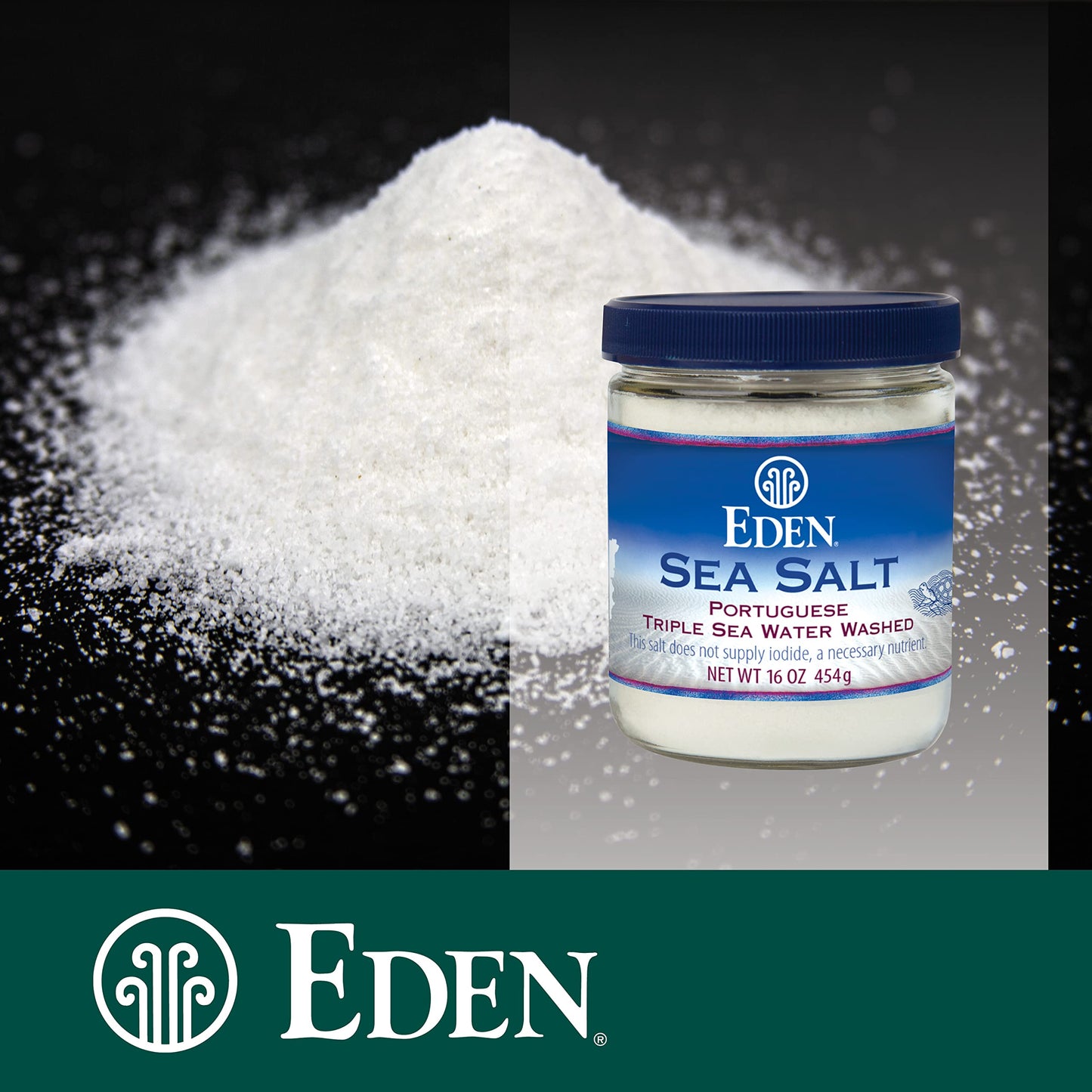 Eden Sea Salt, Hand Harvested Portuguese, Triple Sea Water Washed, Fine Grind, 82 Trace Minerals, Glass Jar, 16 oz (1lb)