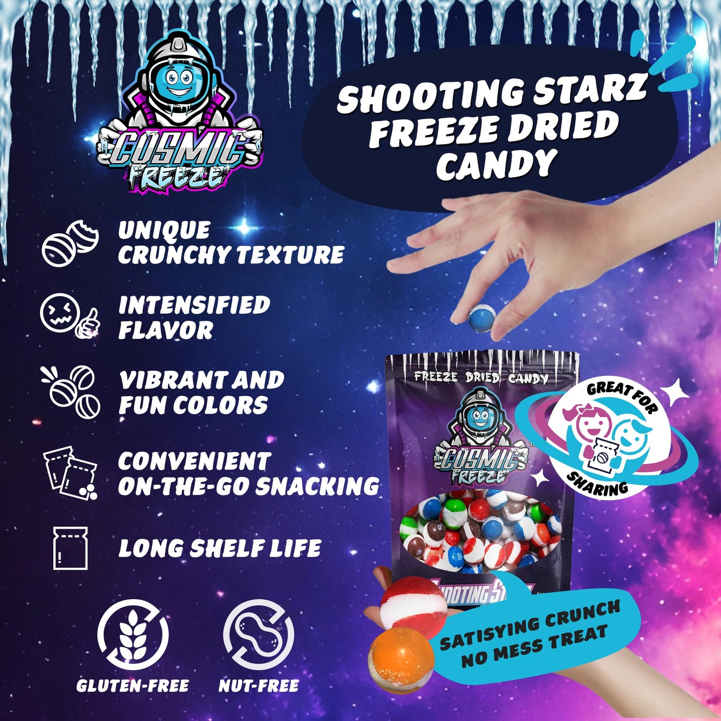 Cosmic Freeze Shooting Starz Dried Candy, Crunchy Dry Candy For Mix-In Snacks Dried, Gluten-Free, Made In Usa, 2.4 Oz, 3-Pack