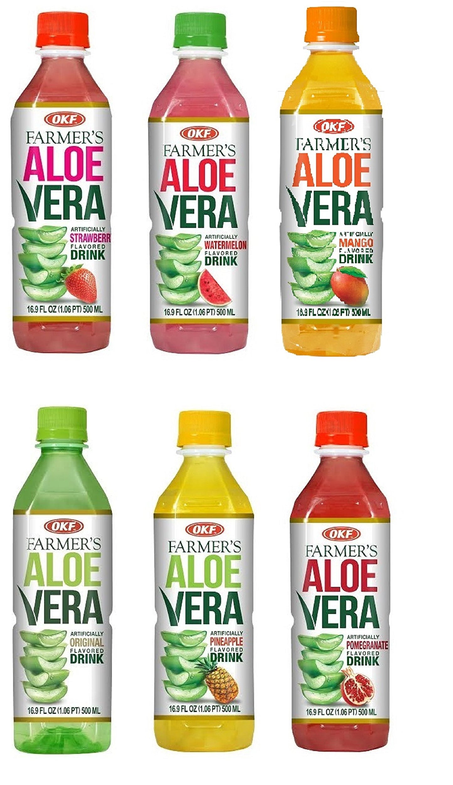 OKF Farmer's Aloe Vera Drink Variety Pack - 6 Flavors (Original, Pineapple, Mango, Watermelon, Pomegranate, Strawberry) - 16.9 Fl Oz, 12 Pack