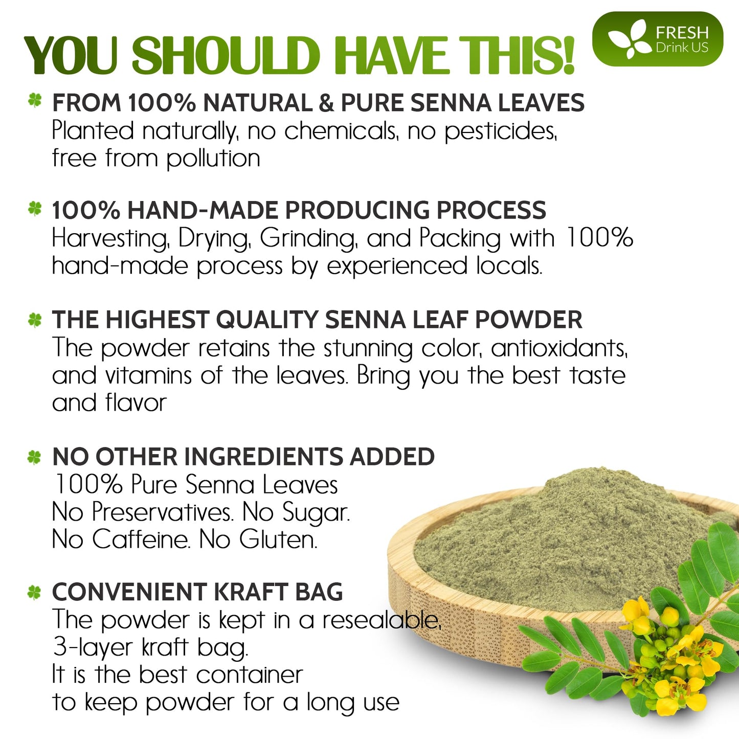 FRESHDRINKUS Senna Leaf Powder, 100% Natural, Vegan, 16oz, No Additives, Gluten-Free, Sugar-Free