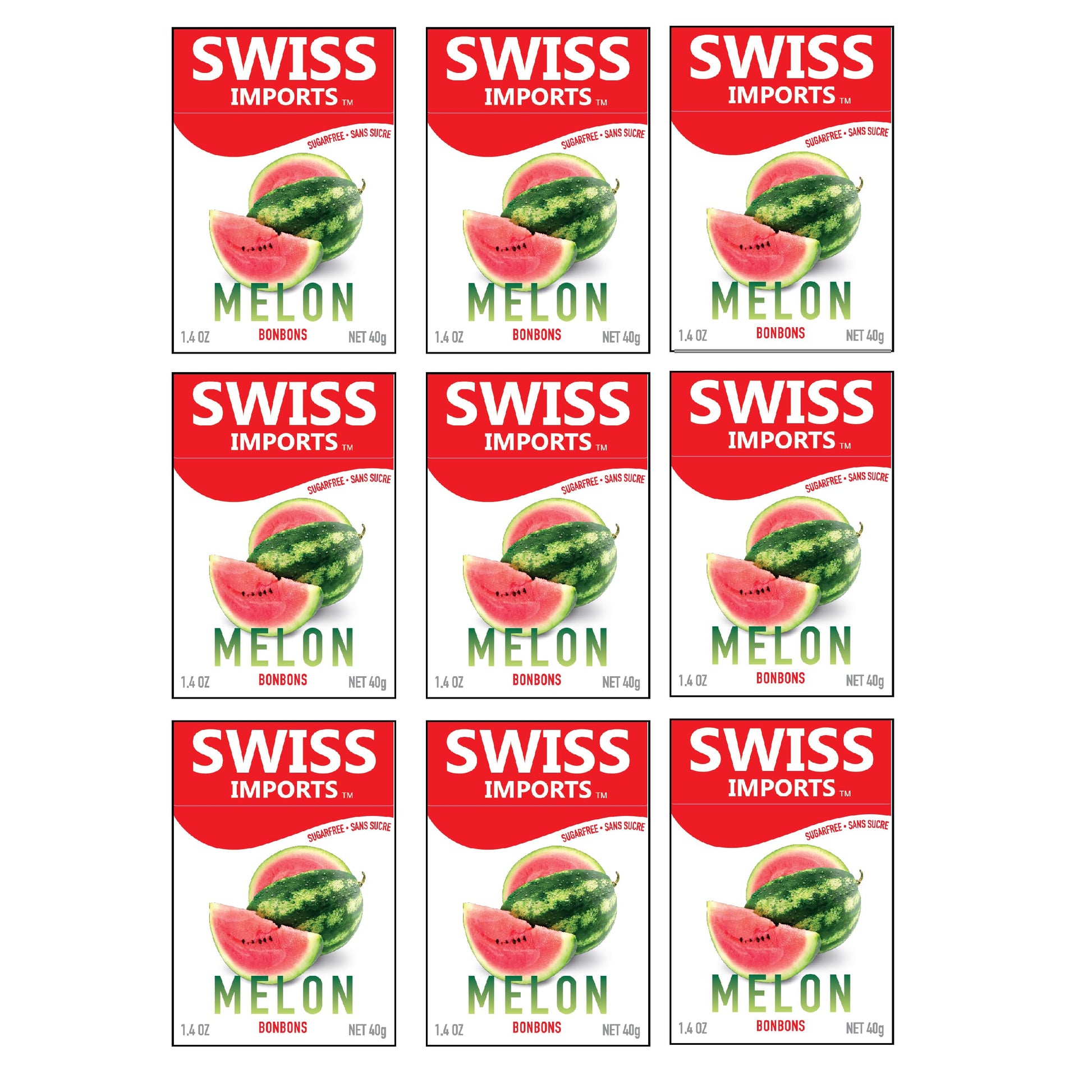 Swiss Imports Sugar Free Bonbons Hard Candy Drops, Watermelon, 1.4 Oz/40G Box, 9 Pack