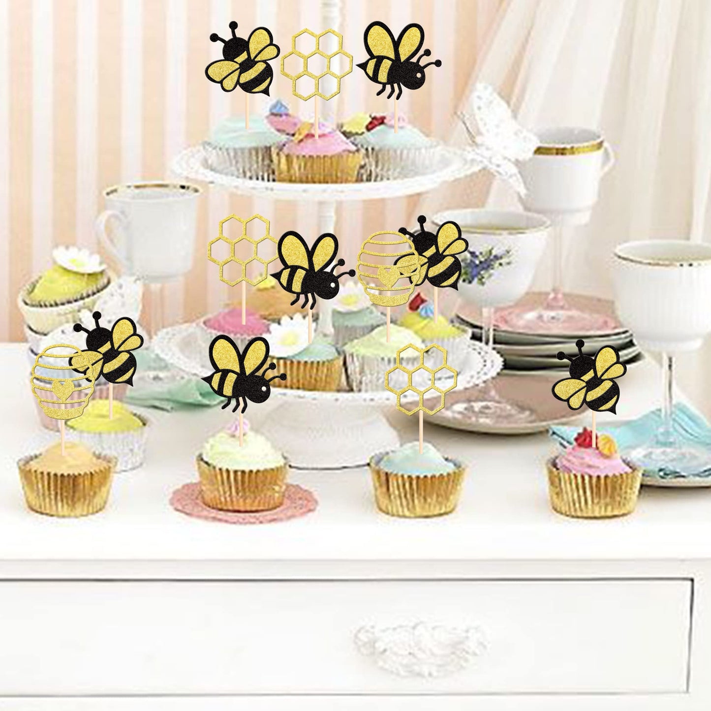 36 Pcs Bumble Bee Cupcake Toppers Glitter Heart Honeycomb Bee Cupcake Picks Baby Shower Cake Decorations For Bee Theme Baby Show