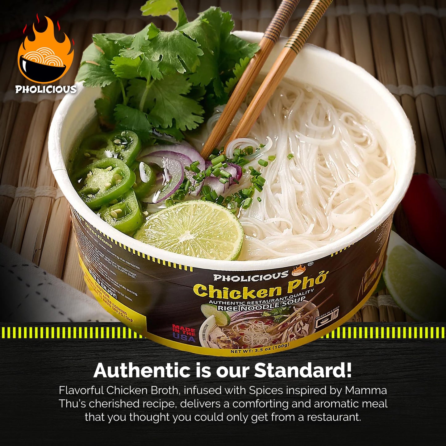 Pholicious Instant Chicken Pho, Authentic Vietnamese Rice Noodle Soup Kit With Spices & Broth Mix, Ramen Noodles Alternative, Qu
