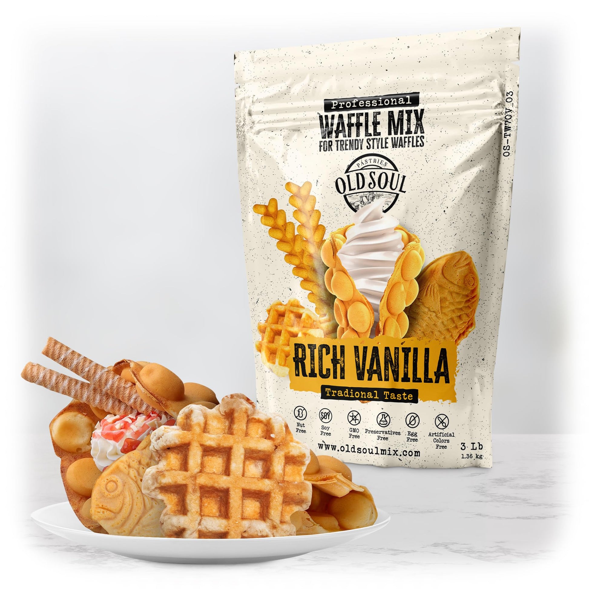 OLDSOUL Trendy Waffle & Pancake Mix | Bubble Belgian Cone | Natural Ingredients | Easy Preparation | Reach Vanilla Flavor | 3 Lb