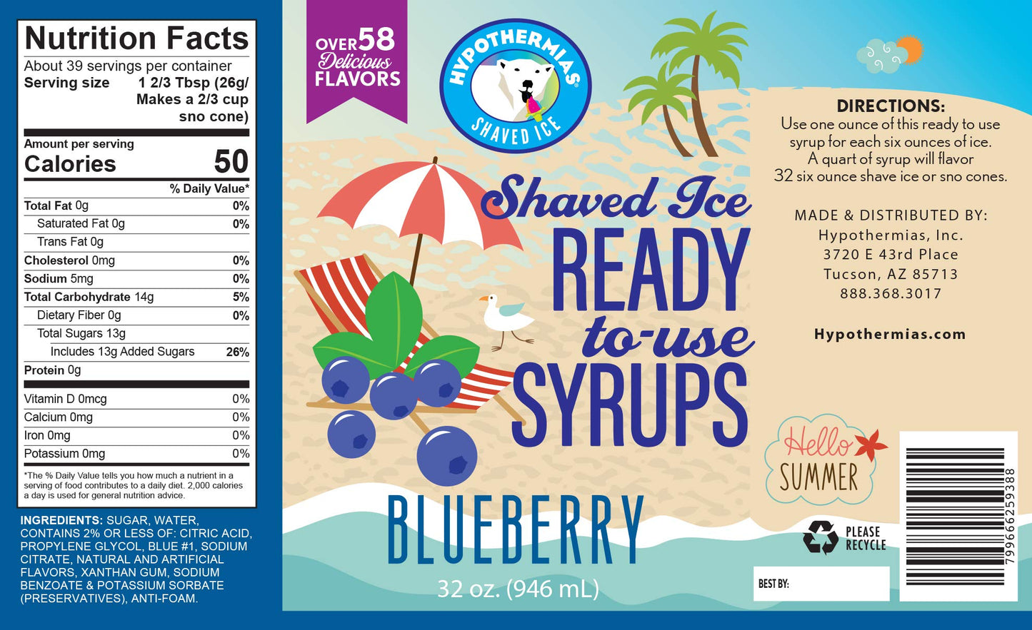Hypothermias Shaved Ice & Snow Cone Syrup - Quart (32 Fl. Oz) - Blueberry - Made With Non-Gmo 100% Pure Cane Sugar, No Corn Syru