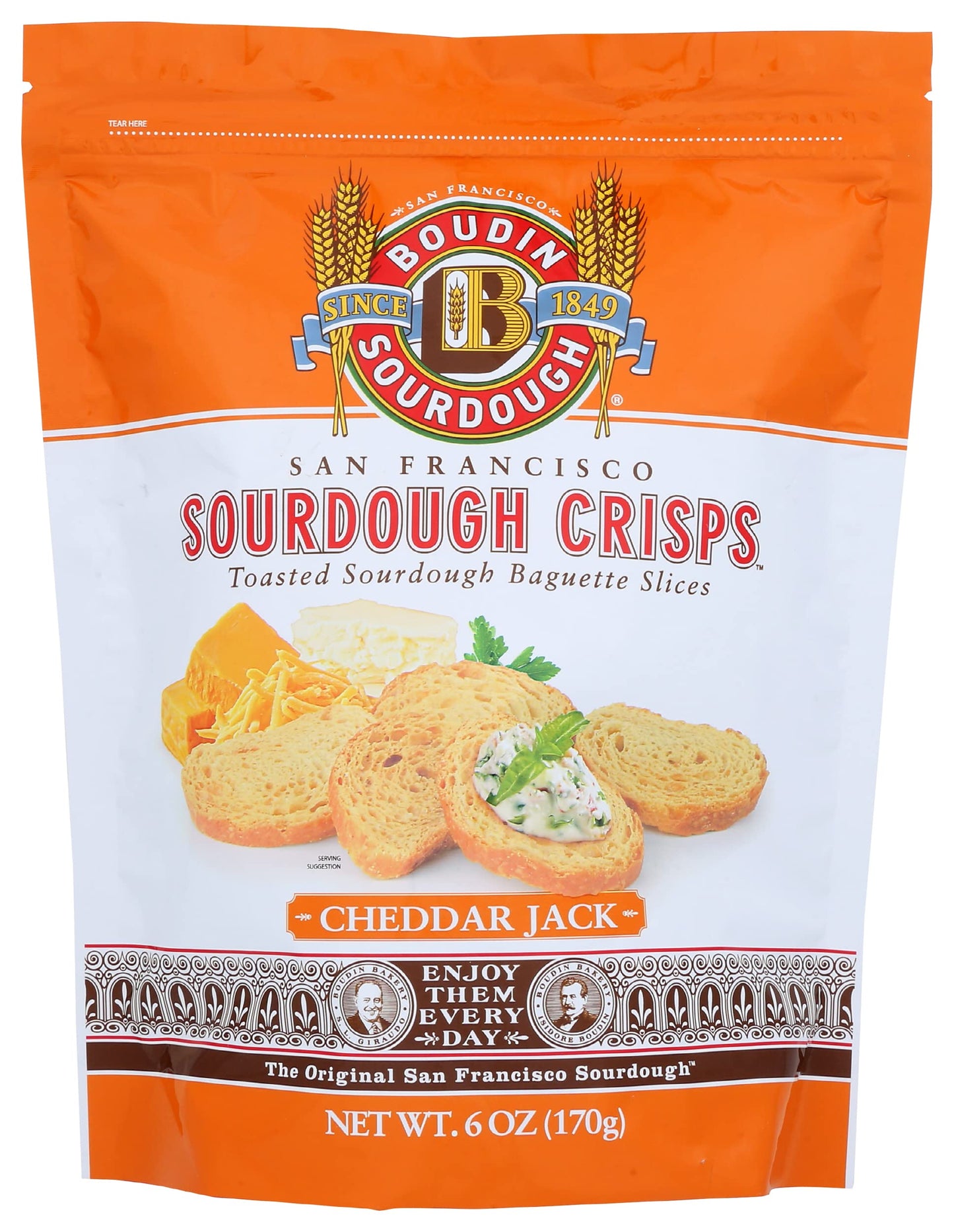 Boudin Sourdough Crisps, Toasted Sourdough Baguette Slices, Cheddar Jack, 6 Ounce (Pack of 11)