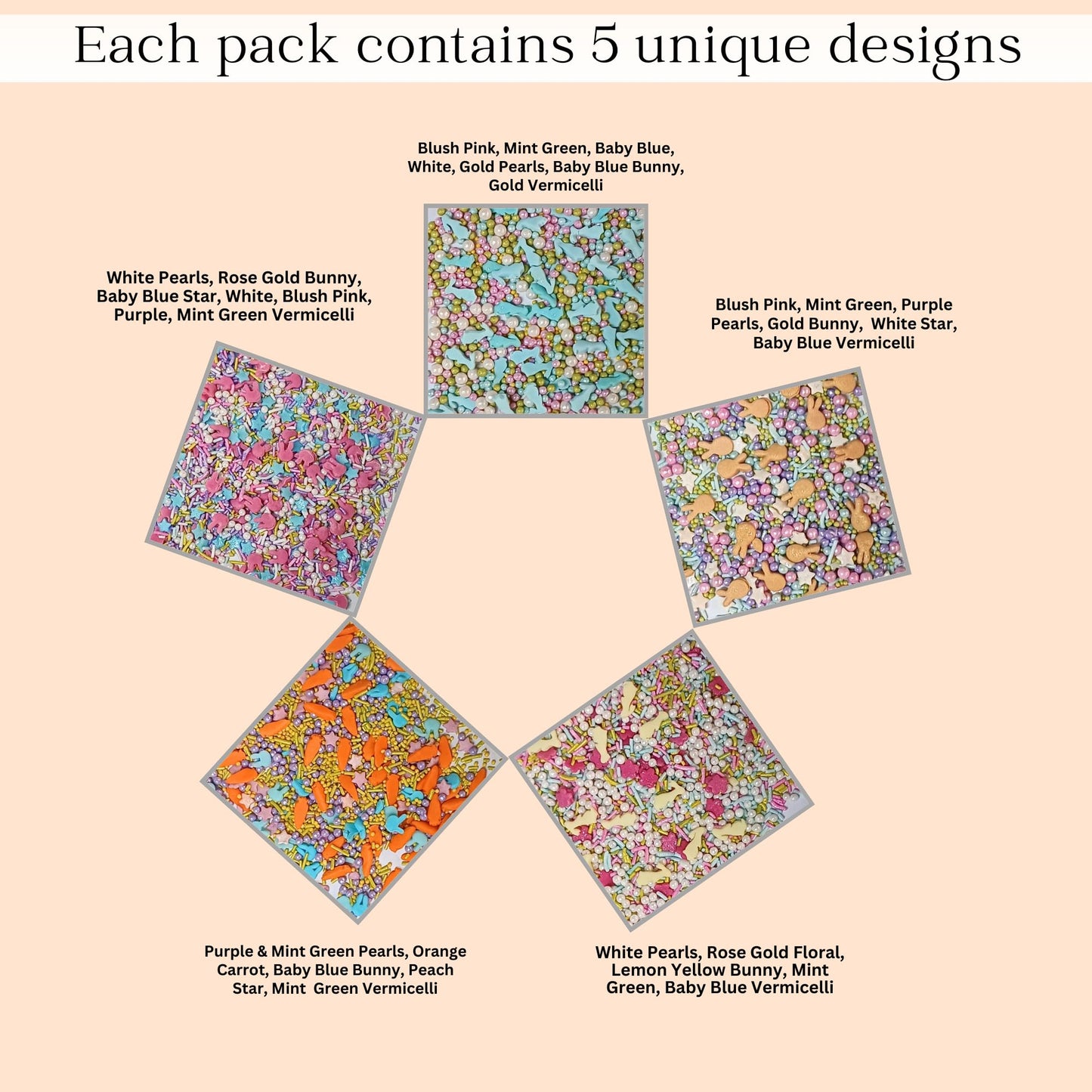 Confect Easter Sprinkles Edible | Assorted Pack Of 5 White, Sky Blue, Pink, Yellow, Pearls, Easter Bunny & Vermicelli I Cookies,