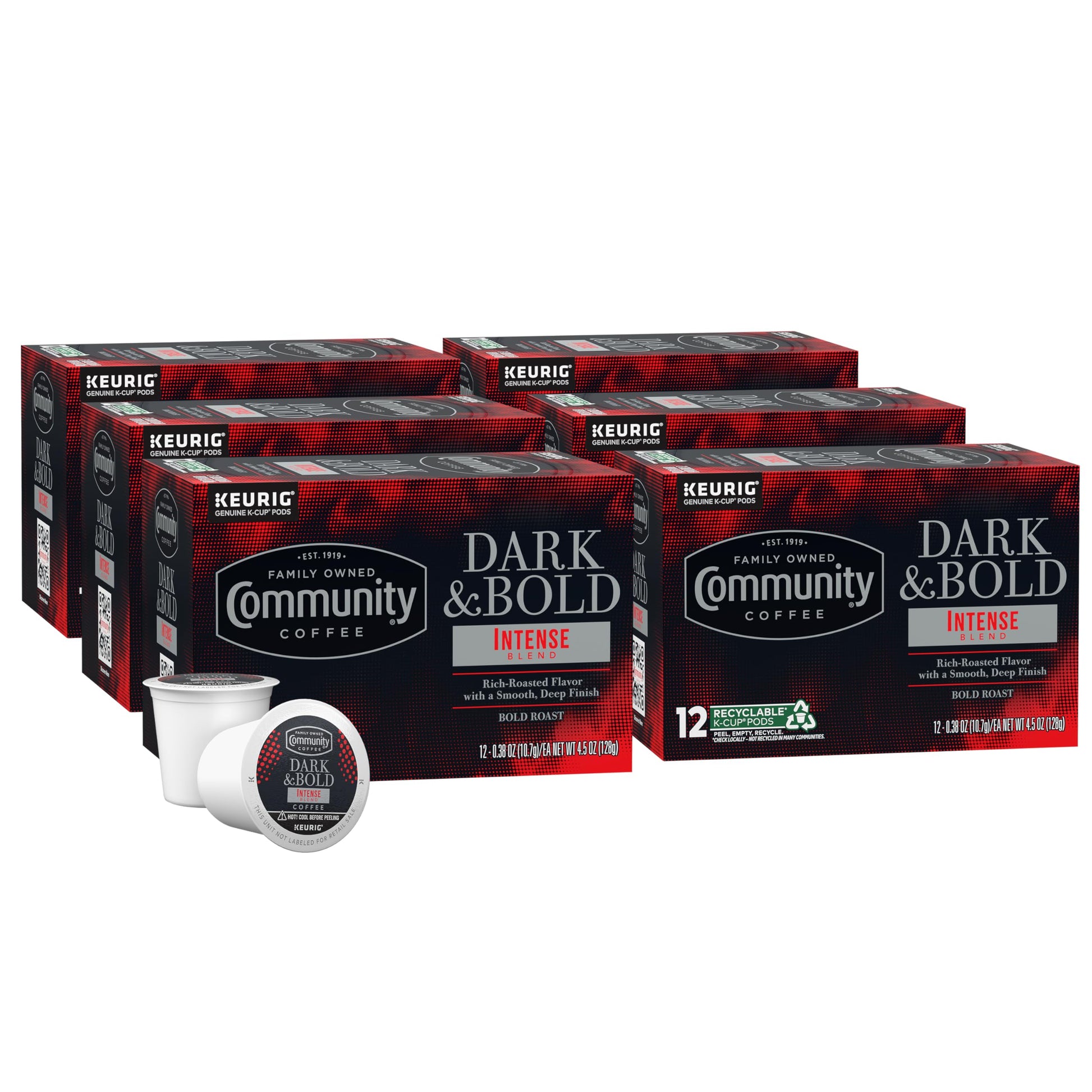 Community Coffee Dark Roast Coffee Pods, Intense Blend, 72 Count, Compatible with Keurig 2.0, 12 Count (Pack of 6)