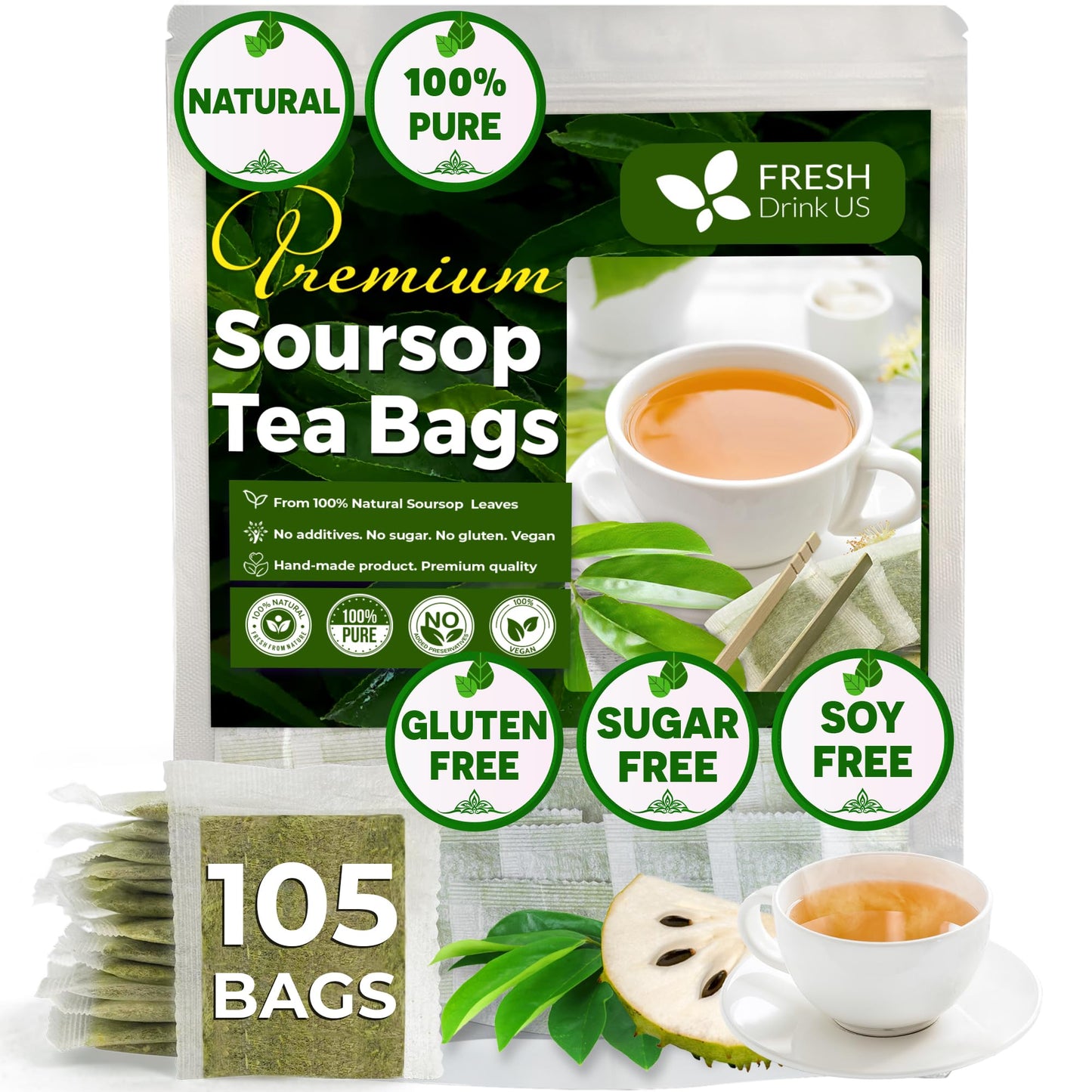 FRESHDRINKUS Soursop Graviola Leaf Tea Bags, 100% Natural, 105 Count, Handmade, Corn Fiber Tea Bags, Sugar/Caffeine/Gluten Free