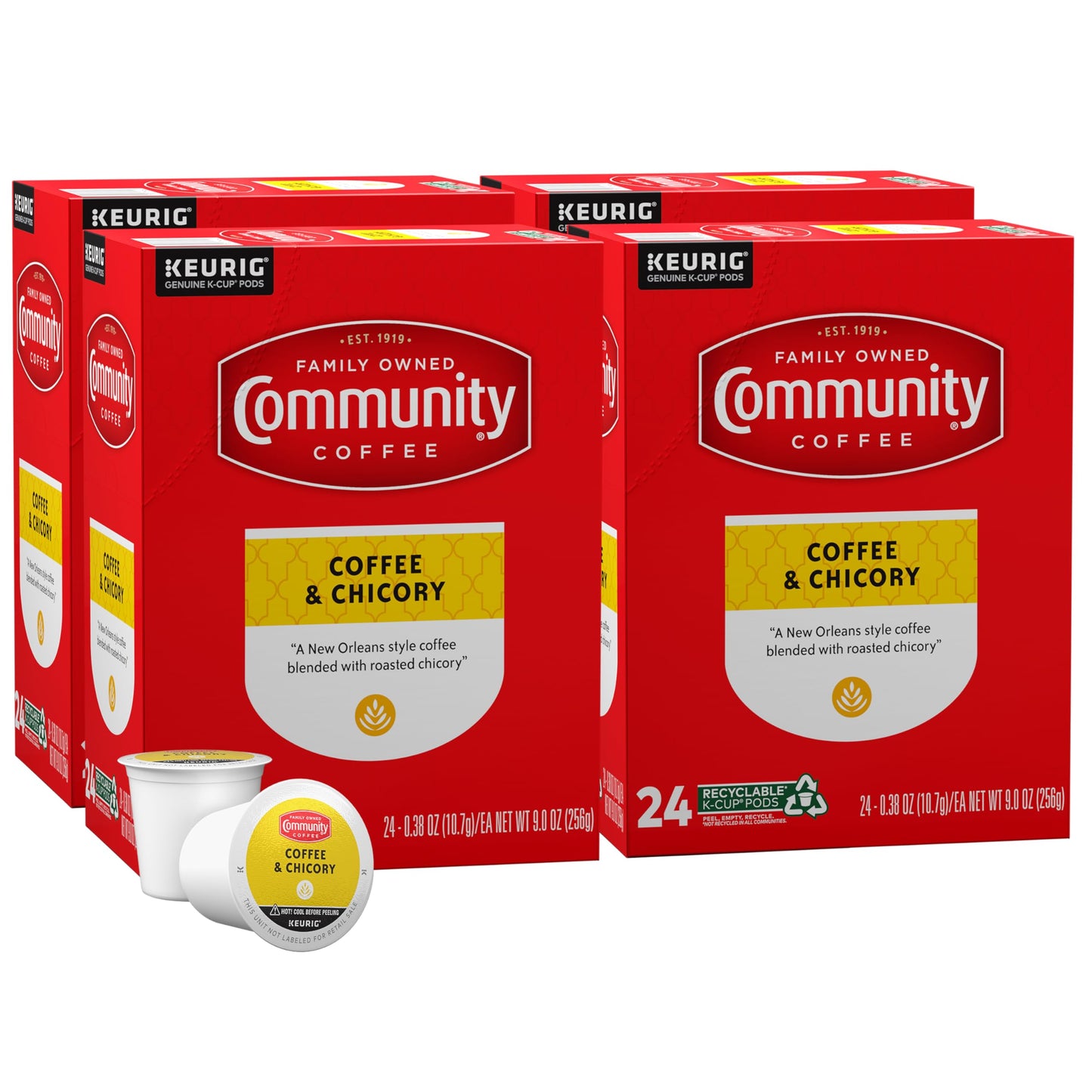 Community Coffee Coffee & Chicory Pods, Medium-Dark Roast, Compatible with Keurig 2.0, 96 Count (24 Count Pack of 4)