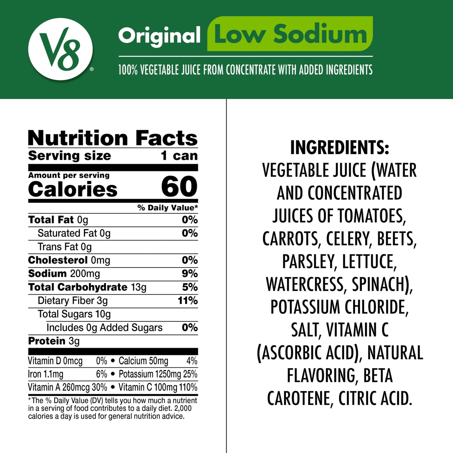 V8 Low Sodium Original 100% Vegetable Juice, 11.5 fl oz Can (24 Pack)