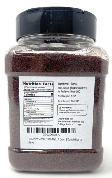 Fusion Select 100% Pure Sumac Spice, 100% Natural Sumac Powder | No Salt | Non-Gmo | Middle Eastern Spices | Sumac Seasoning | Double Lids Jar (7 Ounce)