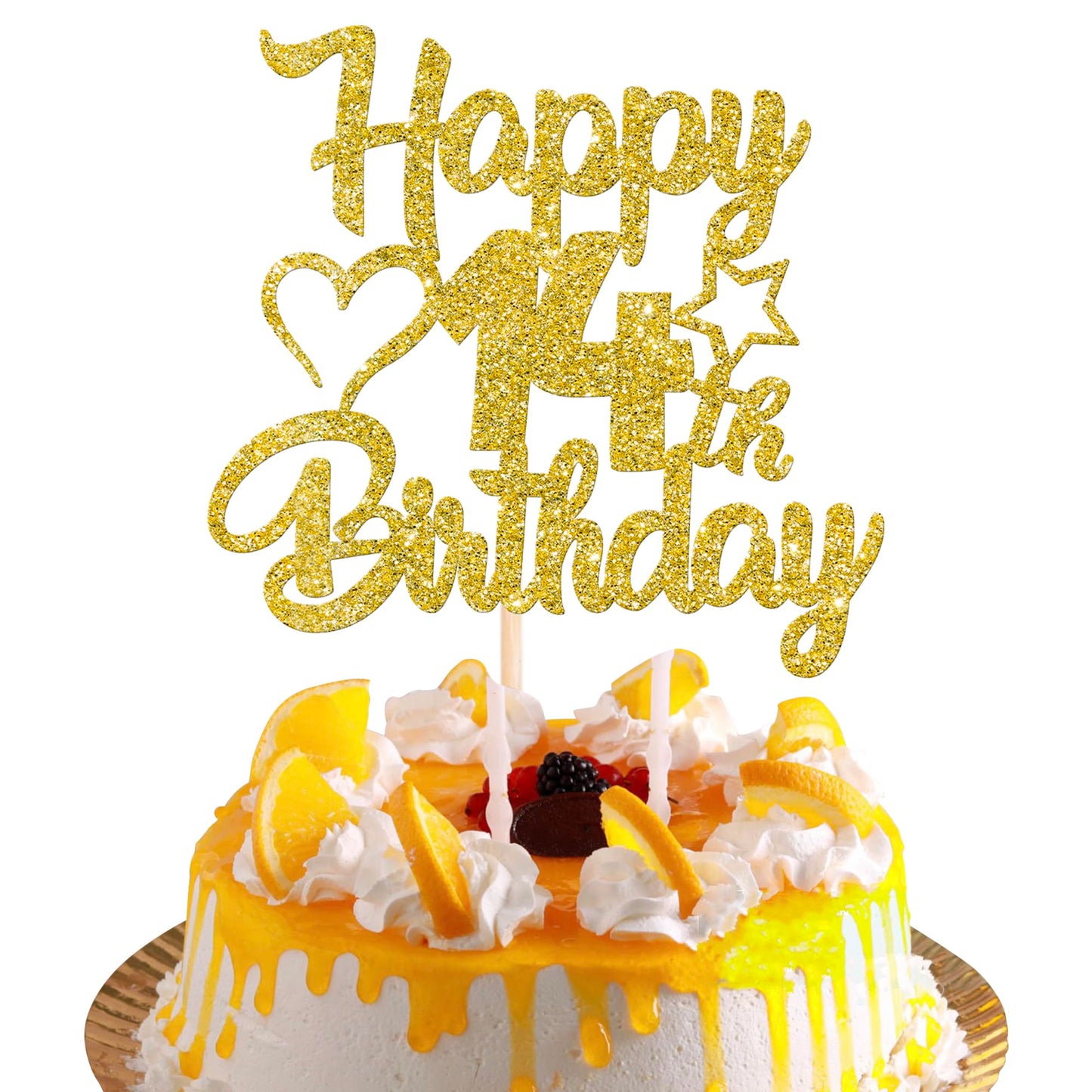 YCTHUNFISH Birthday Cake Topper - Glitter Heart Star Design - Gold - 14th Birthday Party Supplies