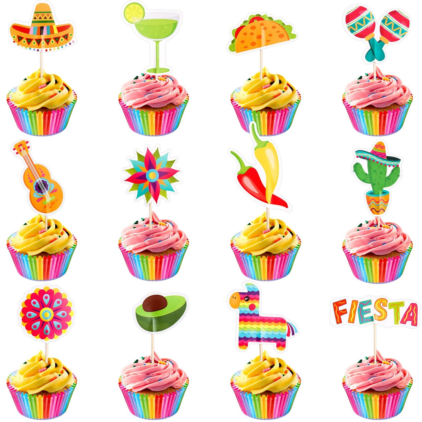 48Pcs Fiesta Cupcake Toppers Cinco De Mayo Decorations Mexican Fiesta Party Decorations Supplies