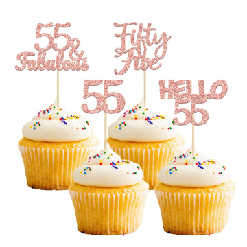 Gyufise 24Pcs Rose Gold Glitter 55Th Birthday Cupcake Toppers 55 Fabulous Cupcake Picks Hello 55 Fifty Five Cupcake Picks For 55