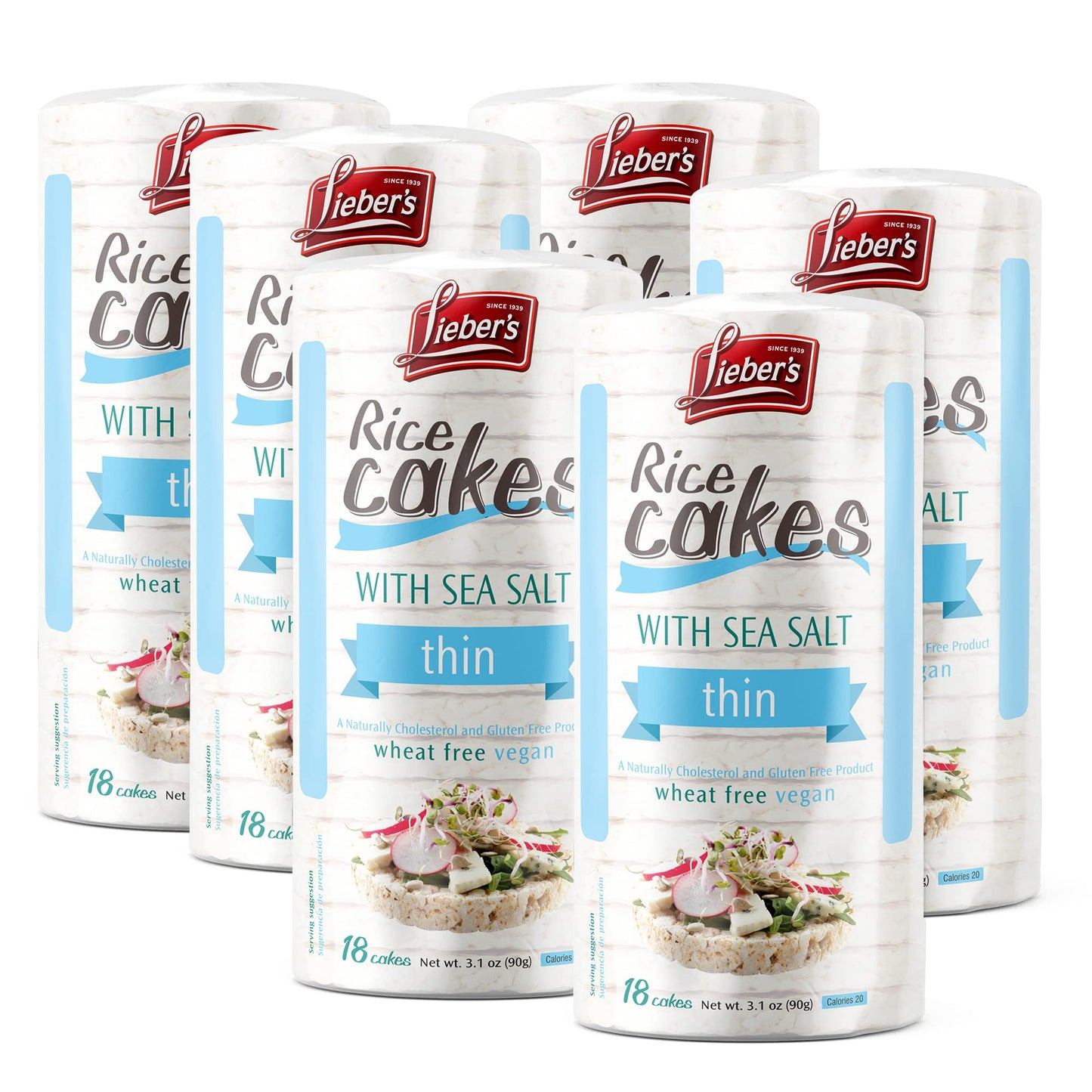 Liebers Thin Rice Cakes, Kosher Snack, Gluten Free, Vegan, Sea Salt, 1.55 oz (Pack of 6)