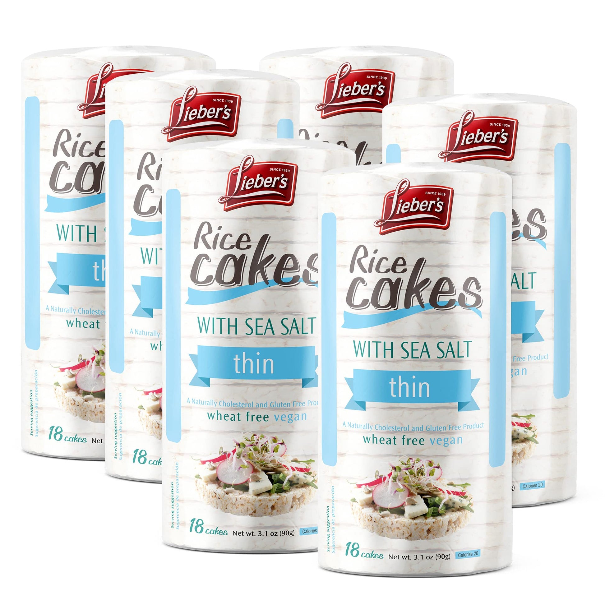 Liebers Thin Rice Cakes, Kosher Snack, Gluten Free, Vegan, Sea Salt, 1.55 oz (Pack of 6)