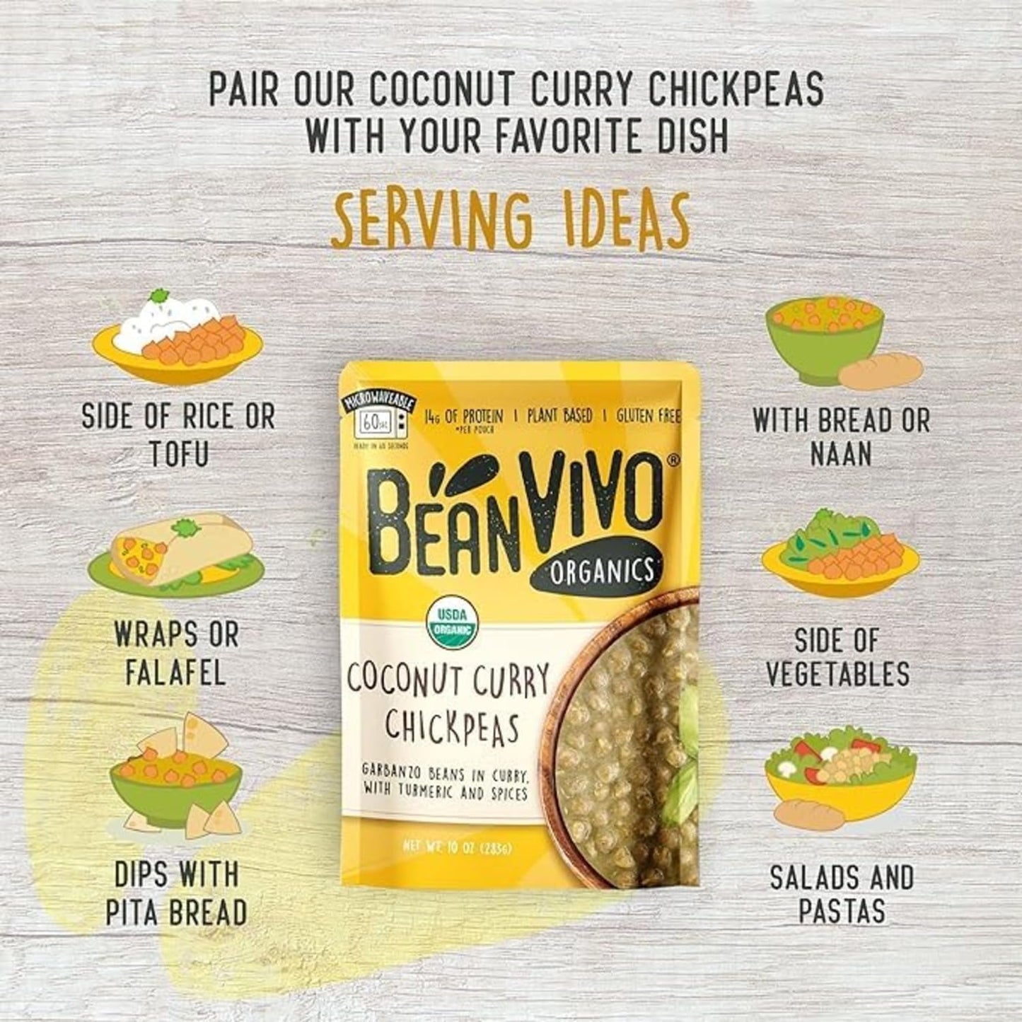 BeanVIVO (Pack of 12) Organics Plant based Coconut Curry Chickpeas - Good Source of Fiber - Nutritious & Microwave Meal - Gluten