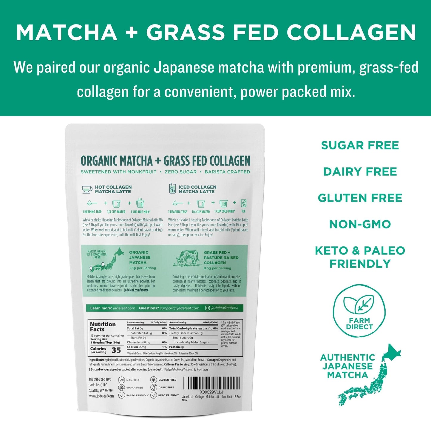Jade Leaf Matcha Caf   Style Sugar Free Matcha Latte Green Tea Powder With Grass Fed Collagen, Monkfruit Sweetened, Premium Bari
