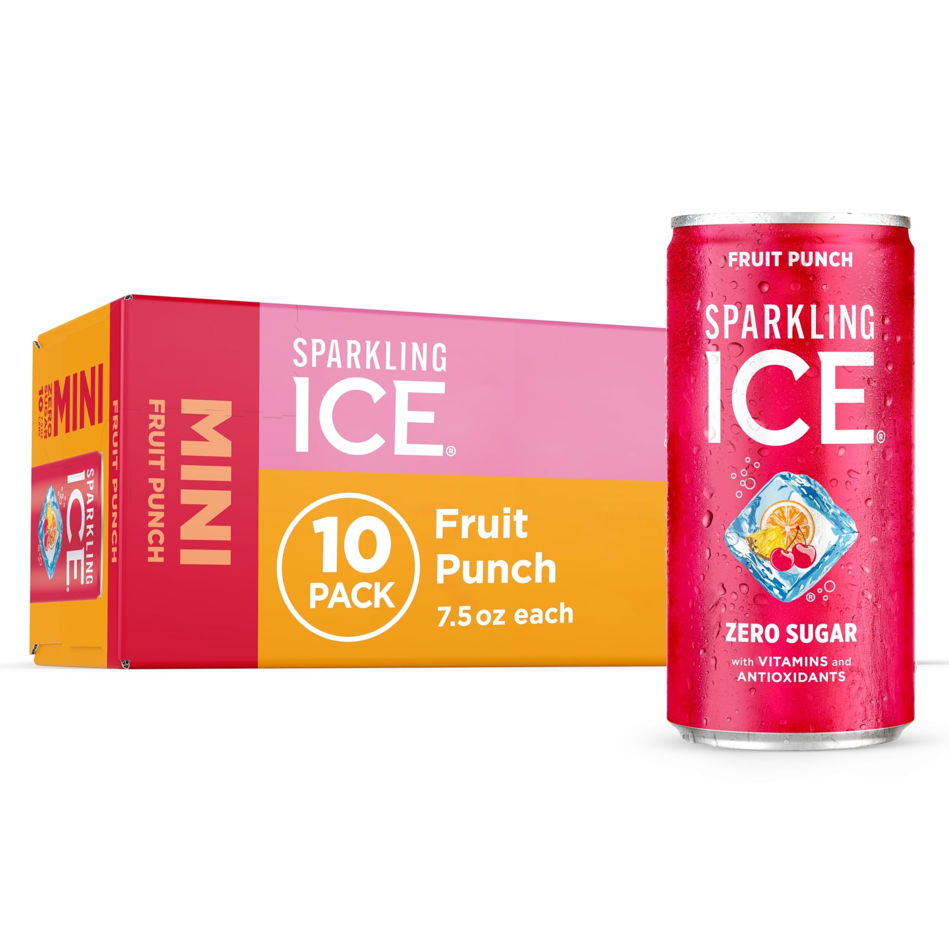 Sparkling Ice Fruit Punch Sparkling Water  with Antioxidants and Vitamins  Zero Sugar  7.5 fl oz Mini Cans (Pack Of 10)