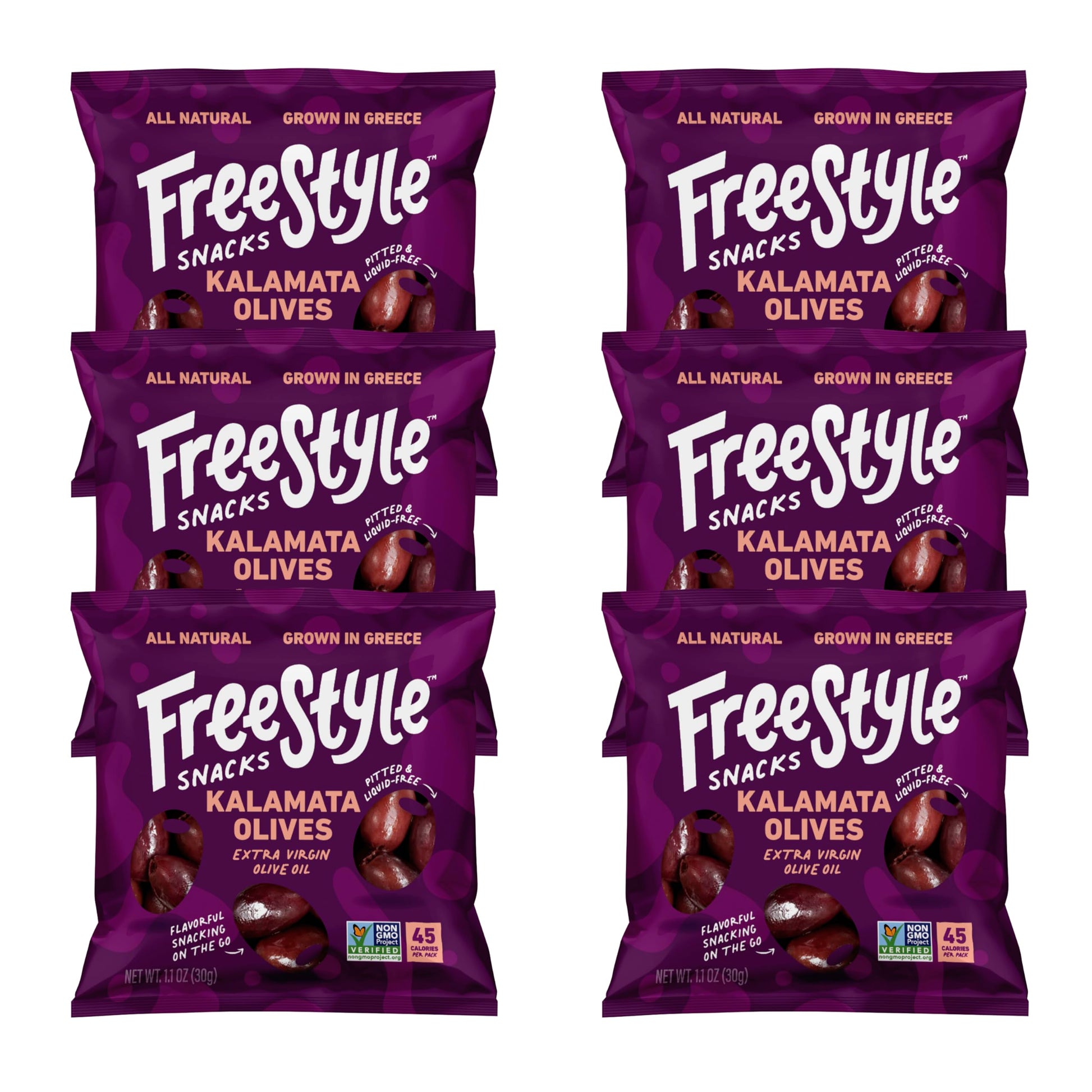 Freestyle Snacks Olive Snack Packs - Single Serve - Fresh Pitted Kalamata Olives, Jumbo-Sized, Grown In Greece, All Natural, Non