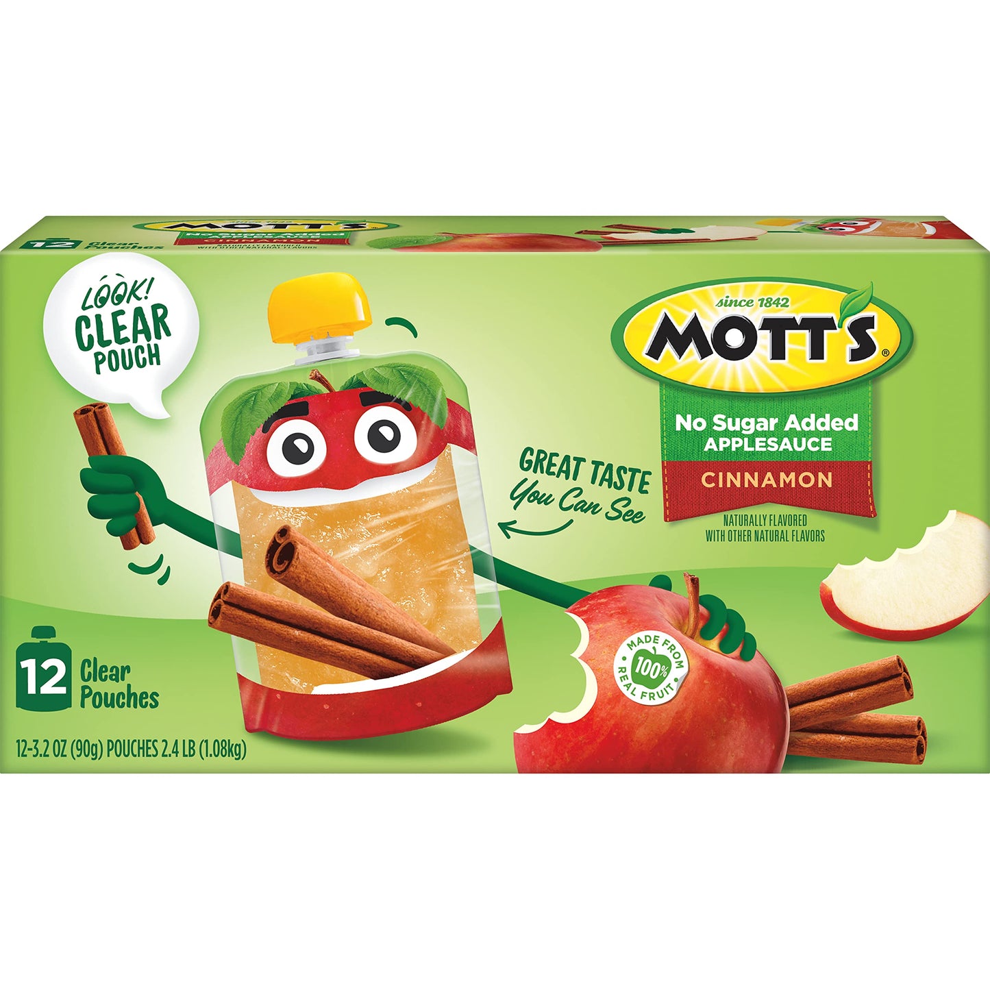 Mott s No Sugar Added Cinnamon Applesauce, 3.2 Oz Clear Pouches, 48 Count (4 Packs Of 12), Good Source Of Vitamin C, No Artific
