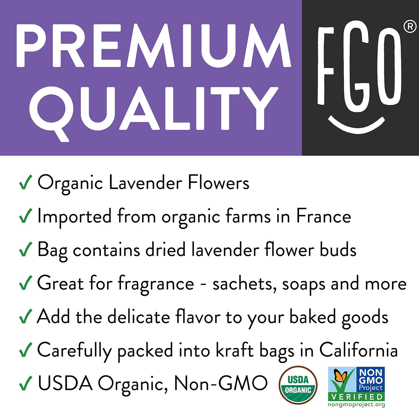 FGO Organic Dried Lavender Flowers, Extra Grade Dried Buds, Imported From France for Culinary or Sachet Bags, 4oz, Packaging May