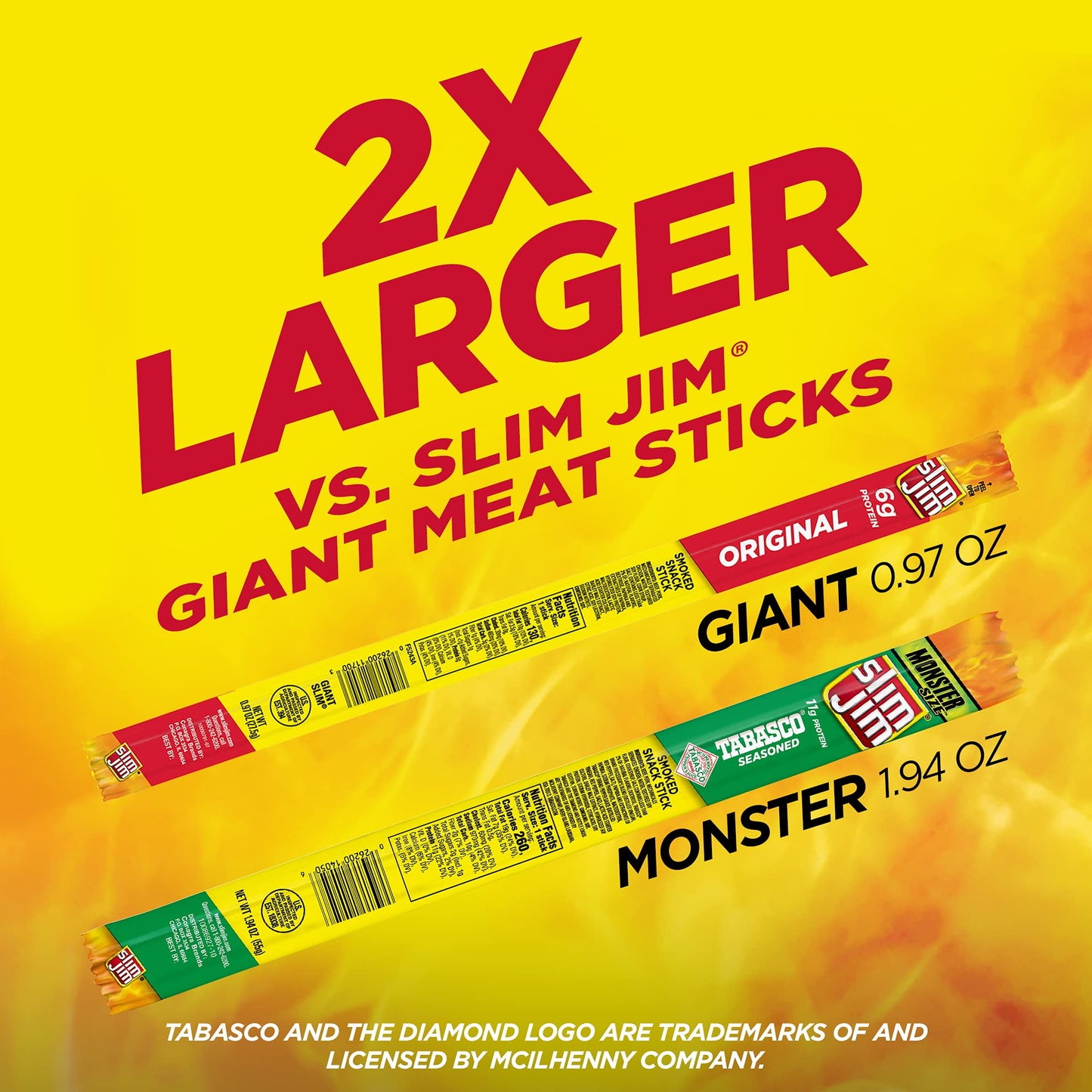Slim Jim Smoked Meat Sticks, Tabasco Flavor, High Protein, 1.94 oz (Pack of 18)