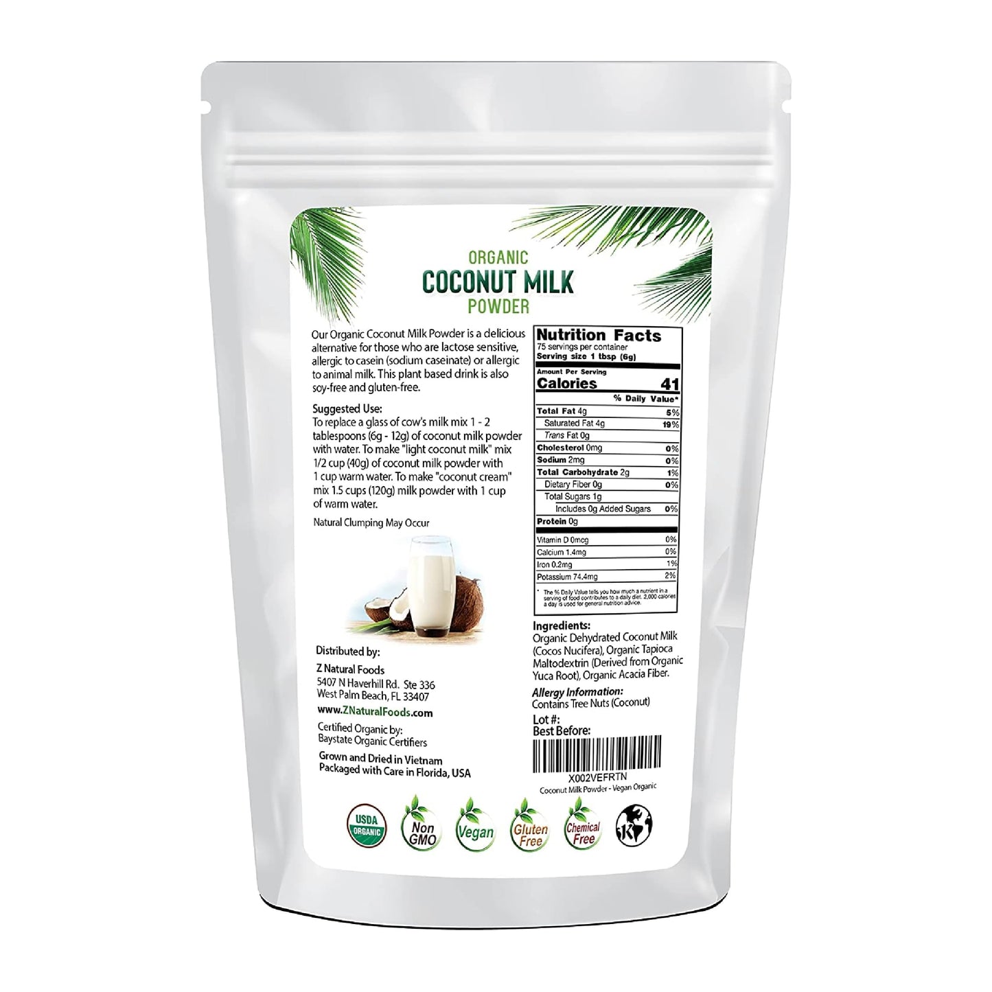 Z Natural Foods Organic Coconut Milk Powder - All-Natural Vegan Dairy-Free Alternative With Mcts - Unsweetened Coconut Creamer F