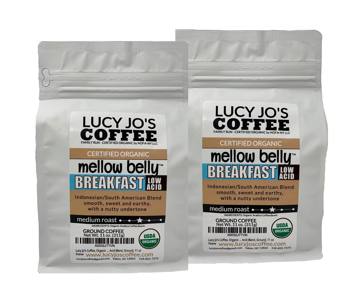 Lucy Jos Coffee Organic Mellow Belly Low Acid Medium Roast Ground Coffee, 11 oz (Pack of 2)