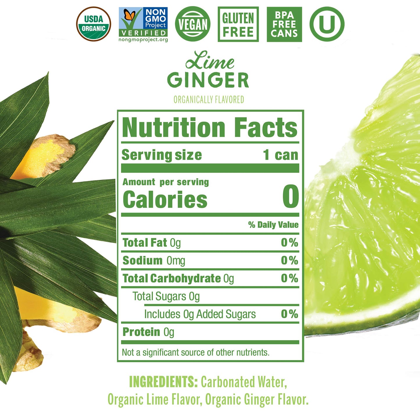 Nixie Sparkling Water, Lime Ginger | 12 Fl Oz Cans, 24 Pack | Organic, Vegan, Non-Gmo, Gluten Free, 0 Calories, 0 Sugar, 0 Sodiu