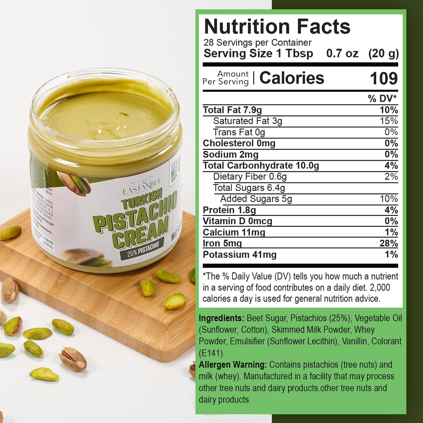 Eastanbul Pistachio Cream Spread, 1.25lb, No Palm Oil, Perfect for Desserts and Breakfasts