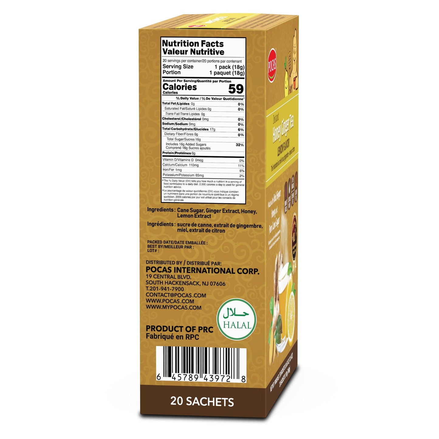 Pocas Honey Ginger Tea - Lemon Flavor, 18g, 20 Count, Pack of 2