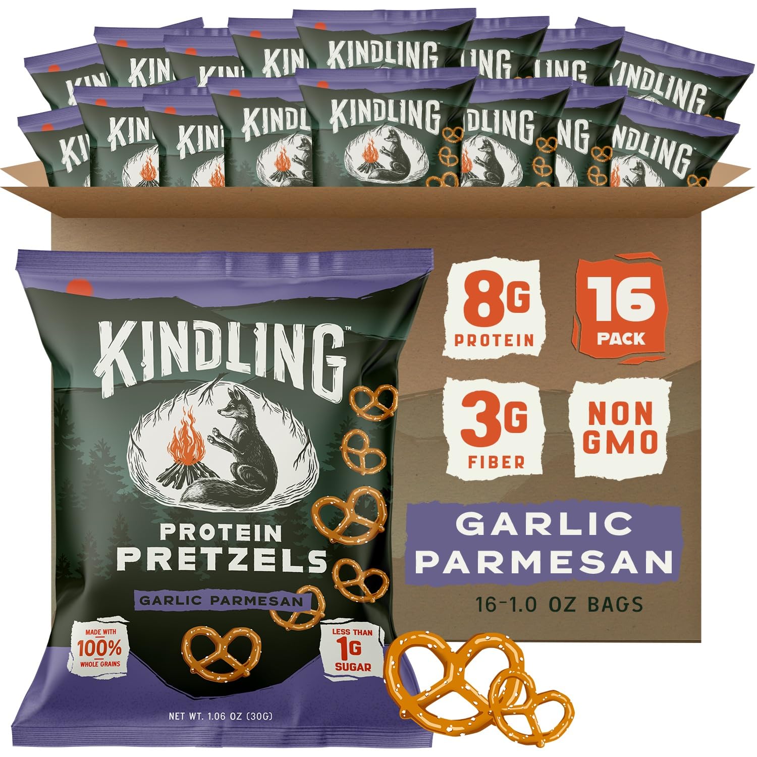 Kindling Protein Pretzels - Garlic-Parmesan | Protein-Packed Snack Size Bags | Kosher | 8-9g Protein Per Serving | No Artificial