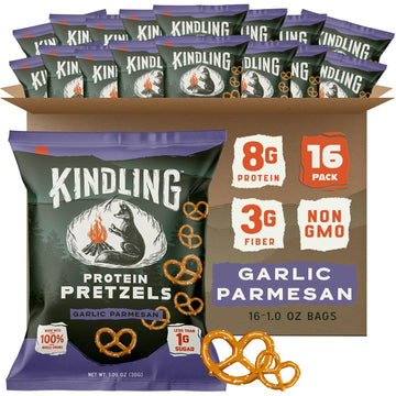 Kindling Protein Pretzels - Garlic-Parmesan | Protein-Packed Snack Size Bags | Kosher | 8-9g Protein Per Serving | No Artificial