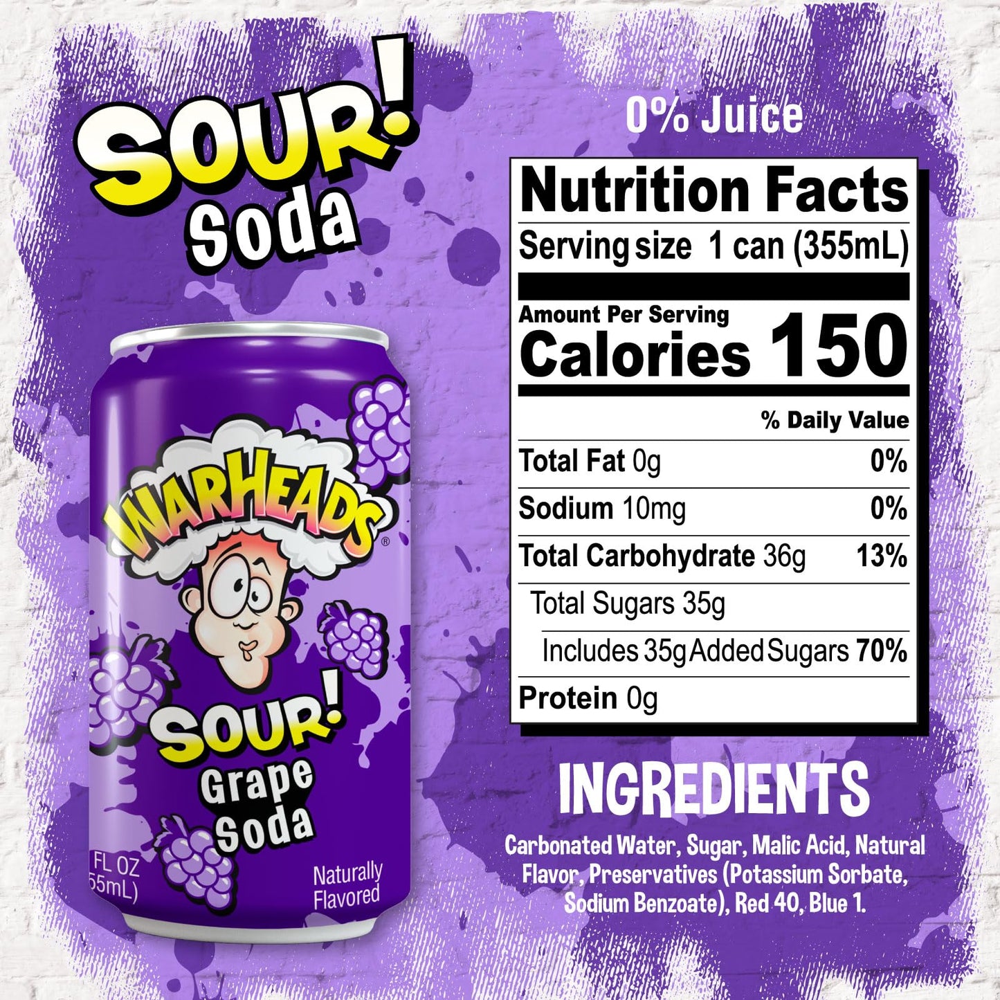 Warheads Sour Fruity Soda - Classic Flavors, Sweet and Sour, 12oz Cans, Pack of 12, G , Purple