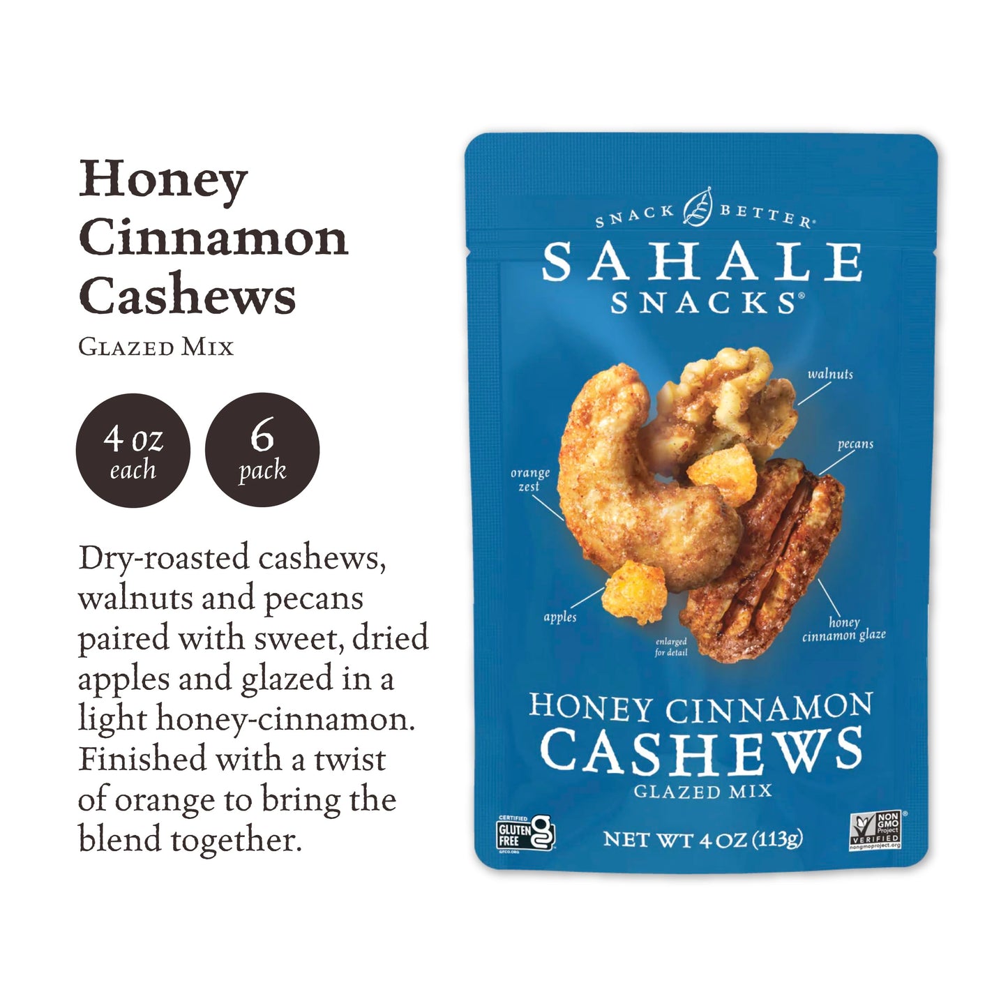 Sahale Snacks Honey Cinnamon Cashews Glazed Mix, 4 oz, Pack of 6