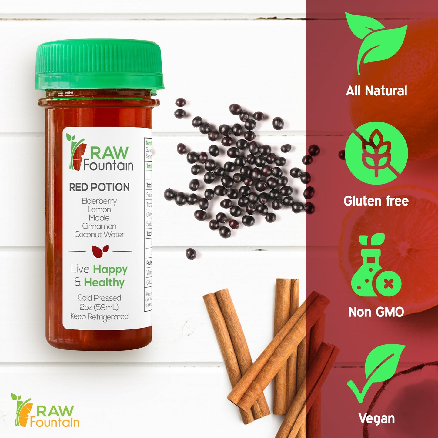 Raw Fountain Immunity Shots with Elderberry, Lemon, Maple, Cinnamon, 2 Fl Oz, Pack of 20, All Natural, No Artificial Flavors or Preservatives