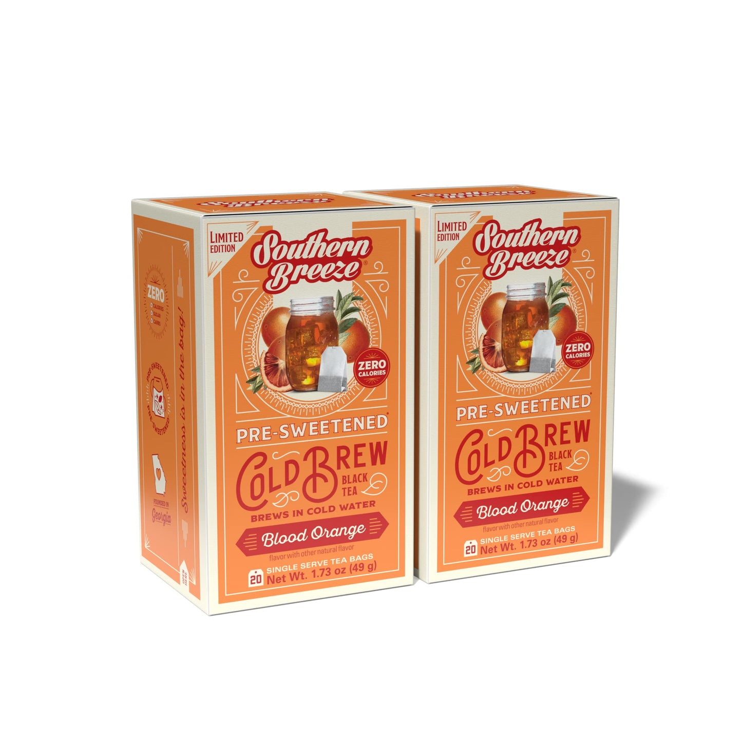 Southern Breeze Cold Brew Sweet Tea Blood Orange Iced Tea With Black Tea And Zero Carbs Zero Sugar, 20 Individually Wrapped Tea Bags (Pack Of 2) Southern Sweet Tea Iced Tea Beverage