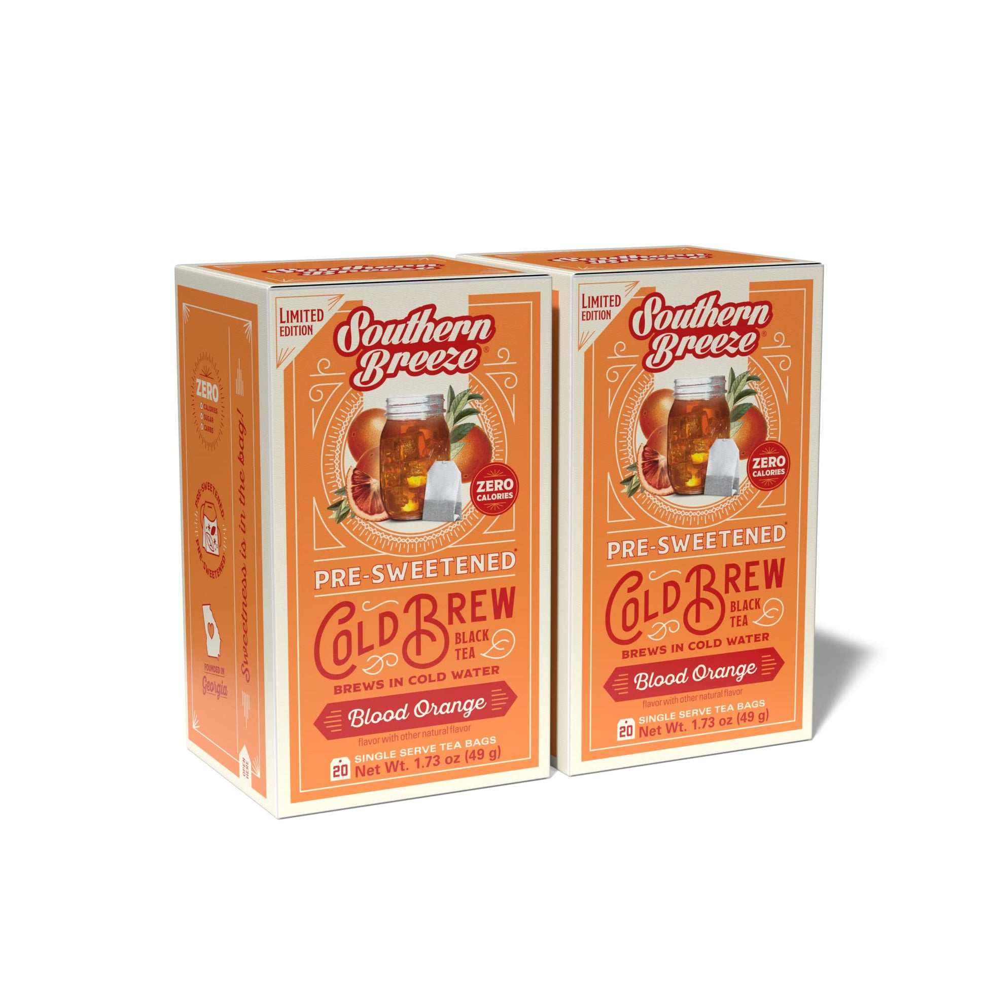 Southern Breeze Cold Brew Sweet Tea Blood Orange Iced Tea With Black Tea And Zero Carbs Zero Sugar, 20 Individually Wrapped Tea Bags (Pack Of 2) Southern Sweet Tea Iced Tea Beverage