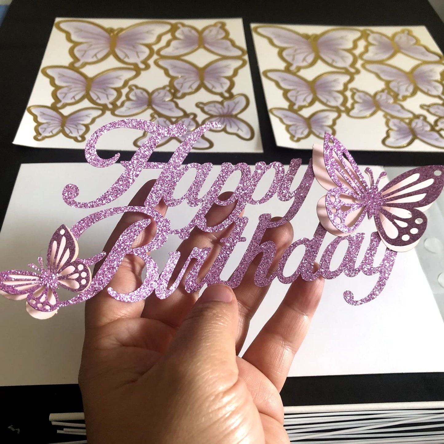 ALISSAR Glitter Purple Happy Birthday Cake Topper Set, Butterfly Cake Topper and 16 Pieces Butterfly Cupcake Toppers for Girls W