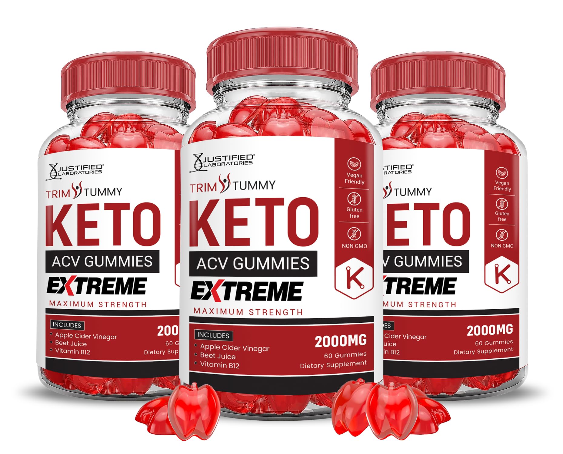 Justified Laboratories Trim Tummy Keto ACV Gummies, 2000MG, 60 Count (Pack of 3) Vegan Non-GMO