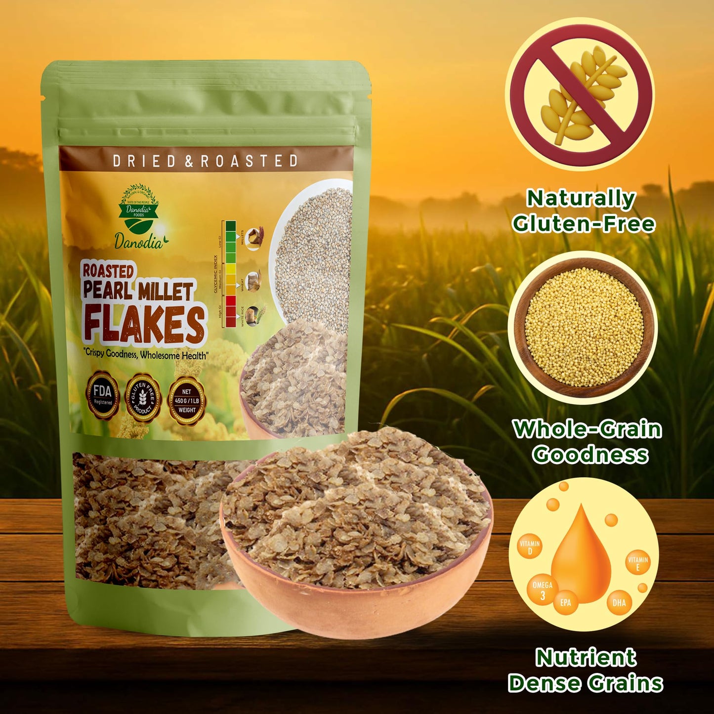 Danodia Foods Pearl Millet Flakes (450g/17oz) | Roasted & Ready-to-Eat | Wholesome Breakfast Cereal | Ideal for Porridge, Puddin